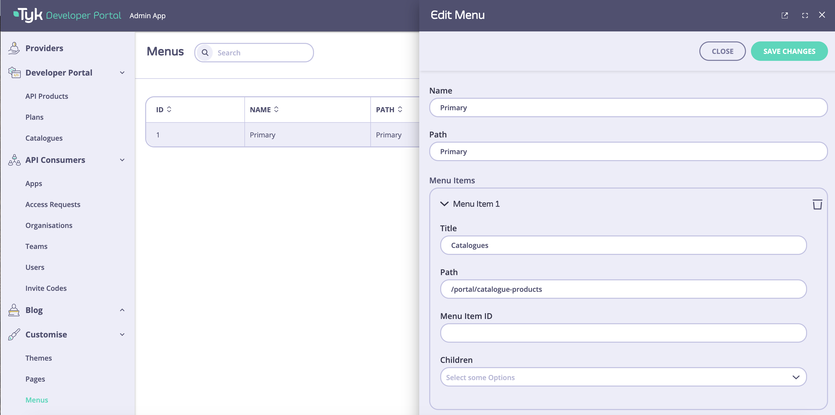 Customize Menus in Developer Portal - Tyk Documentation