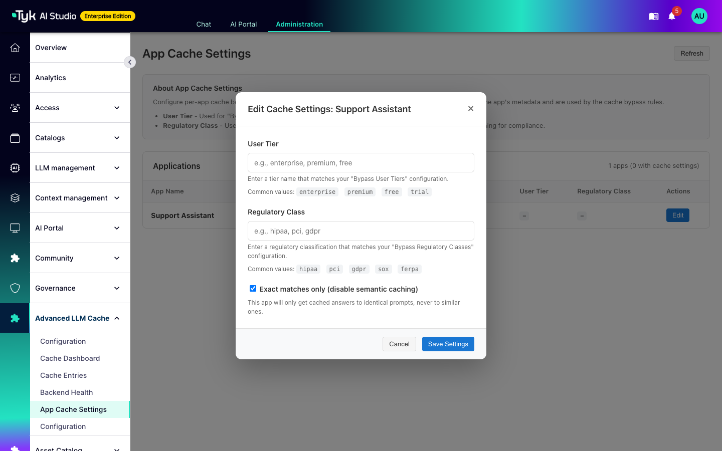 Edit Cache Settings dialog for the Support Assistant App with the Exact matches only option selected