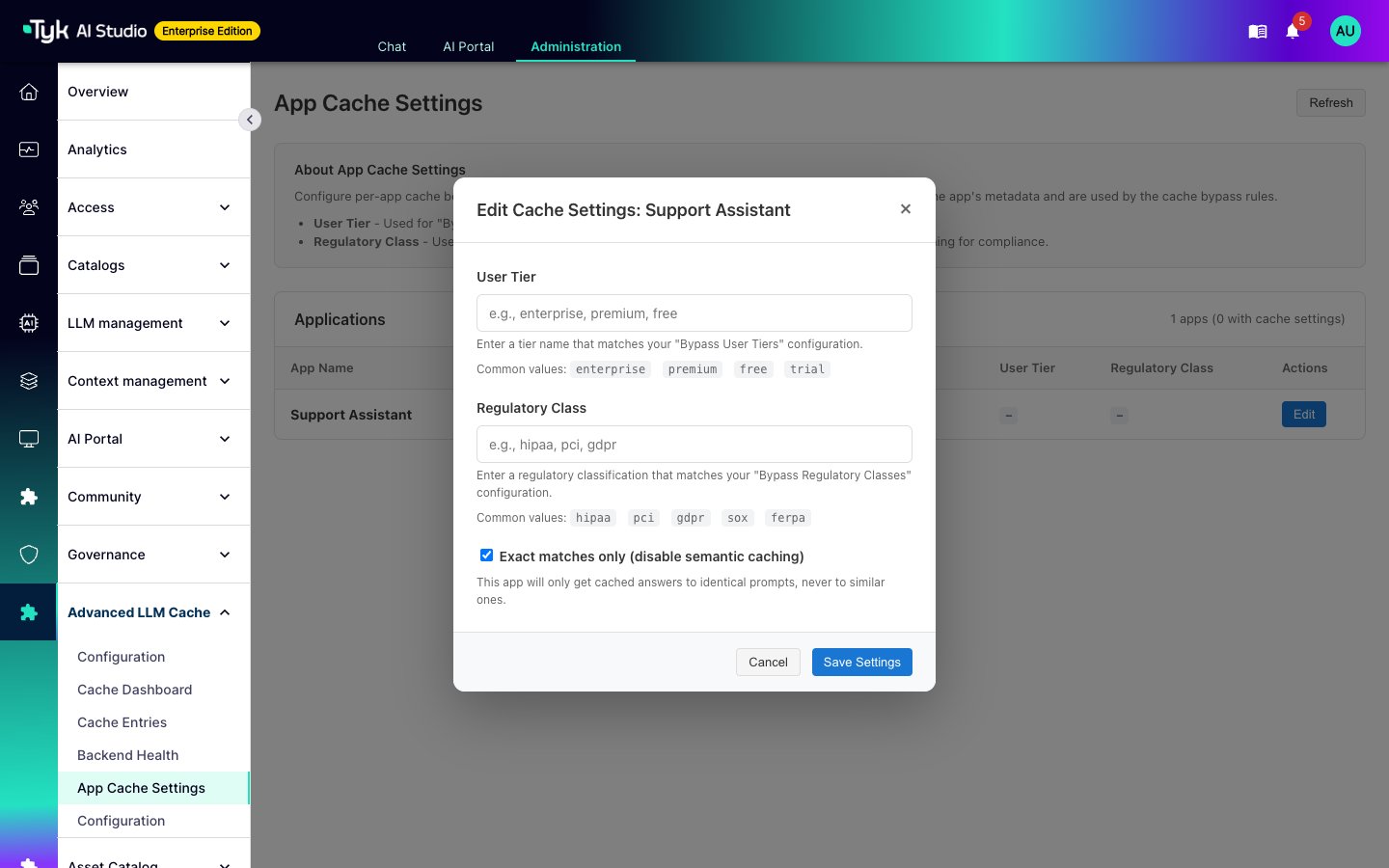 Edit Cache Settings dialog for the Support Assistant App with the Exact matches only option selected
