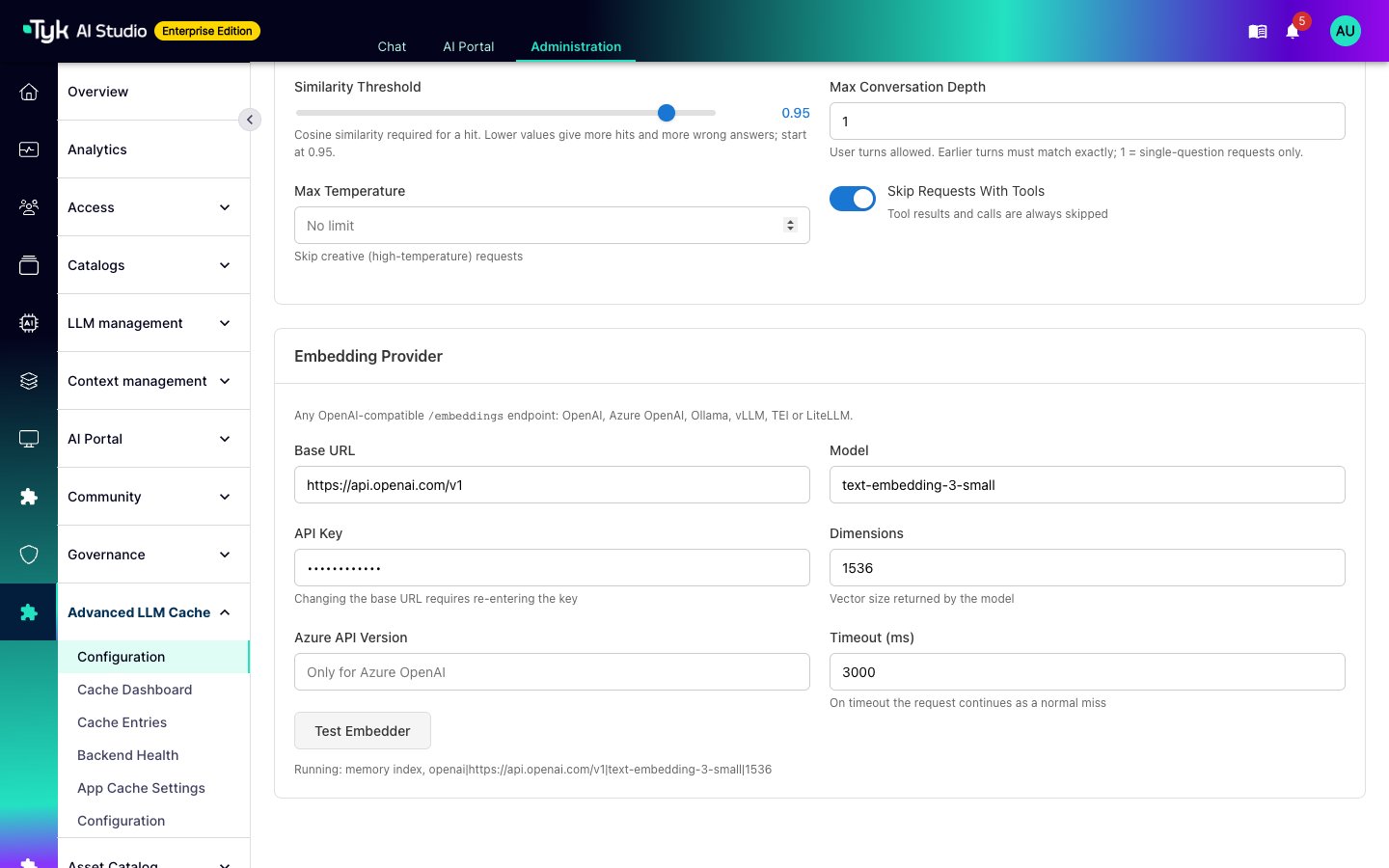 Embedding Provider section with an OpenAI embedding model, the Test Embedder button, and the running memory index