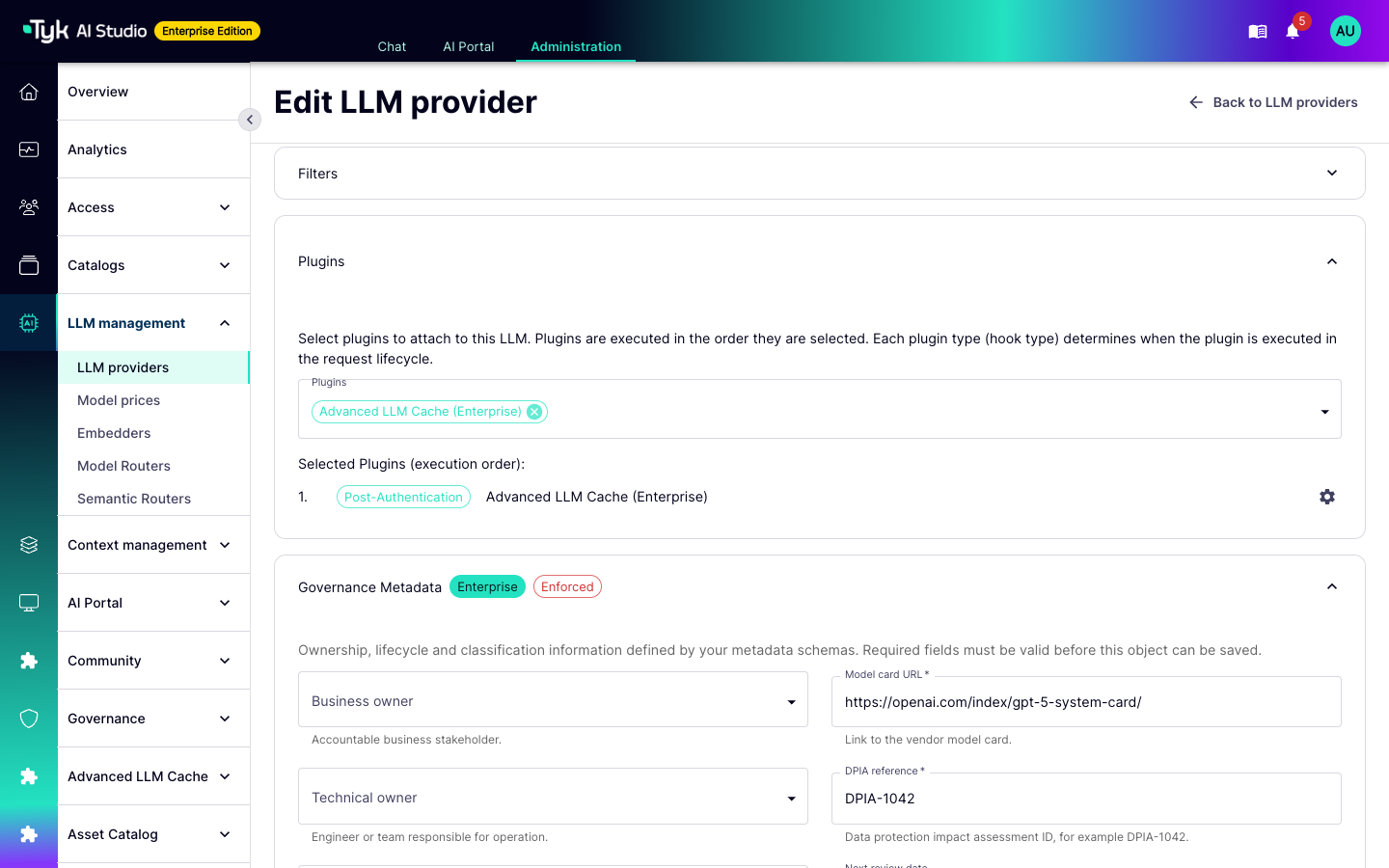 Plugins section of an LLM provider with the Advanced LLM Cache plugin attached as a Post-Authentication plugin