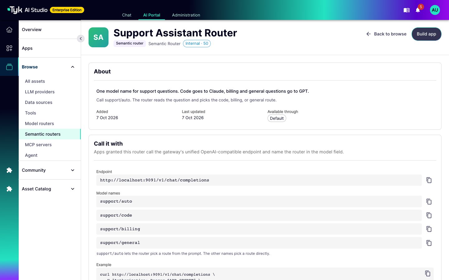 AI Portal page of the Support Assistant Router with its description, catalog, endpoint, and model names