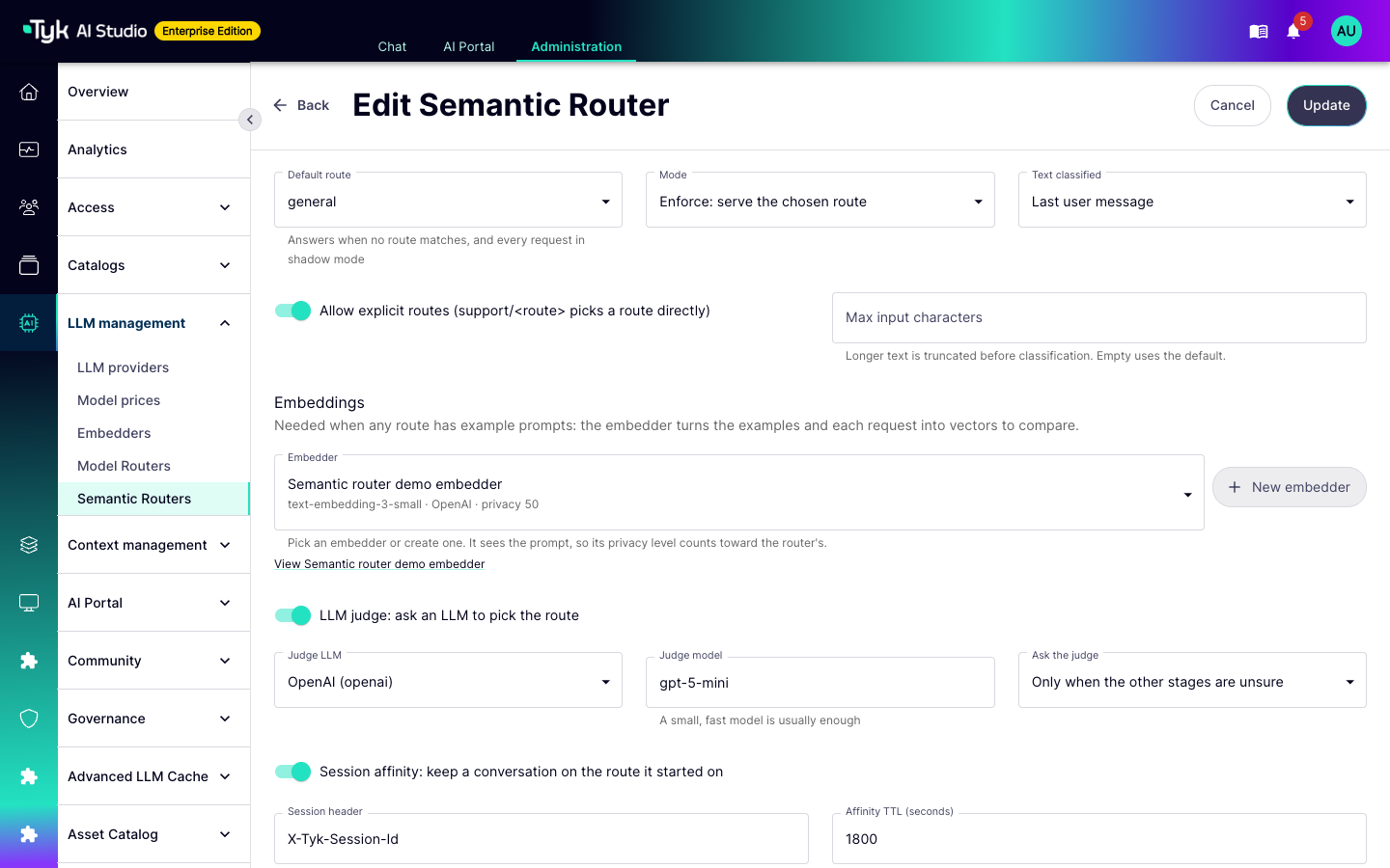 Classification settings with the default route, Enforce mode, explicit routes, the demo embedder, the LLM judge, and session affinity