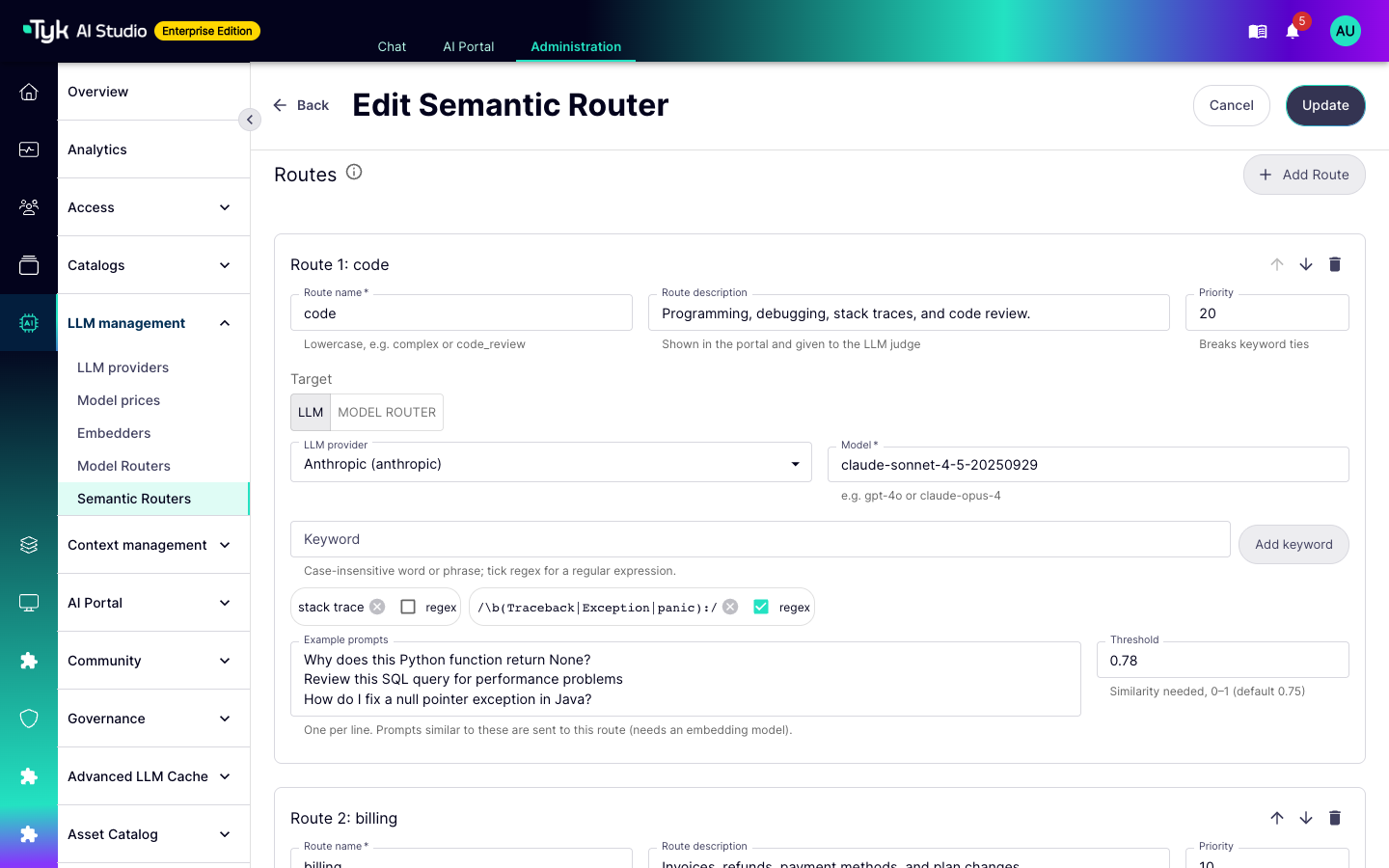 Route editor with the code route, its Anthropic target, two keywords, three example prompts, and a threshold of 0.78