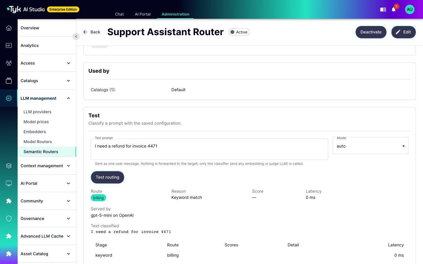 Test panel result: the prompt about a refund for an invoice goes to the billing route because of a keyword match