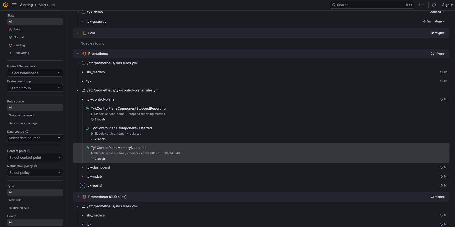 Grafana Alert rules page listing the Tyk control plane rule file with the tyk-control-plane group expanded, and the tyk-dashboard, tyk-mdcb, and tyk-portal groups