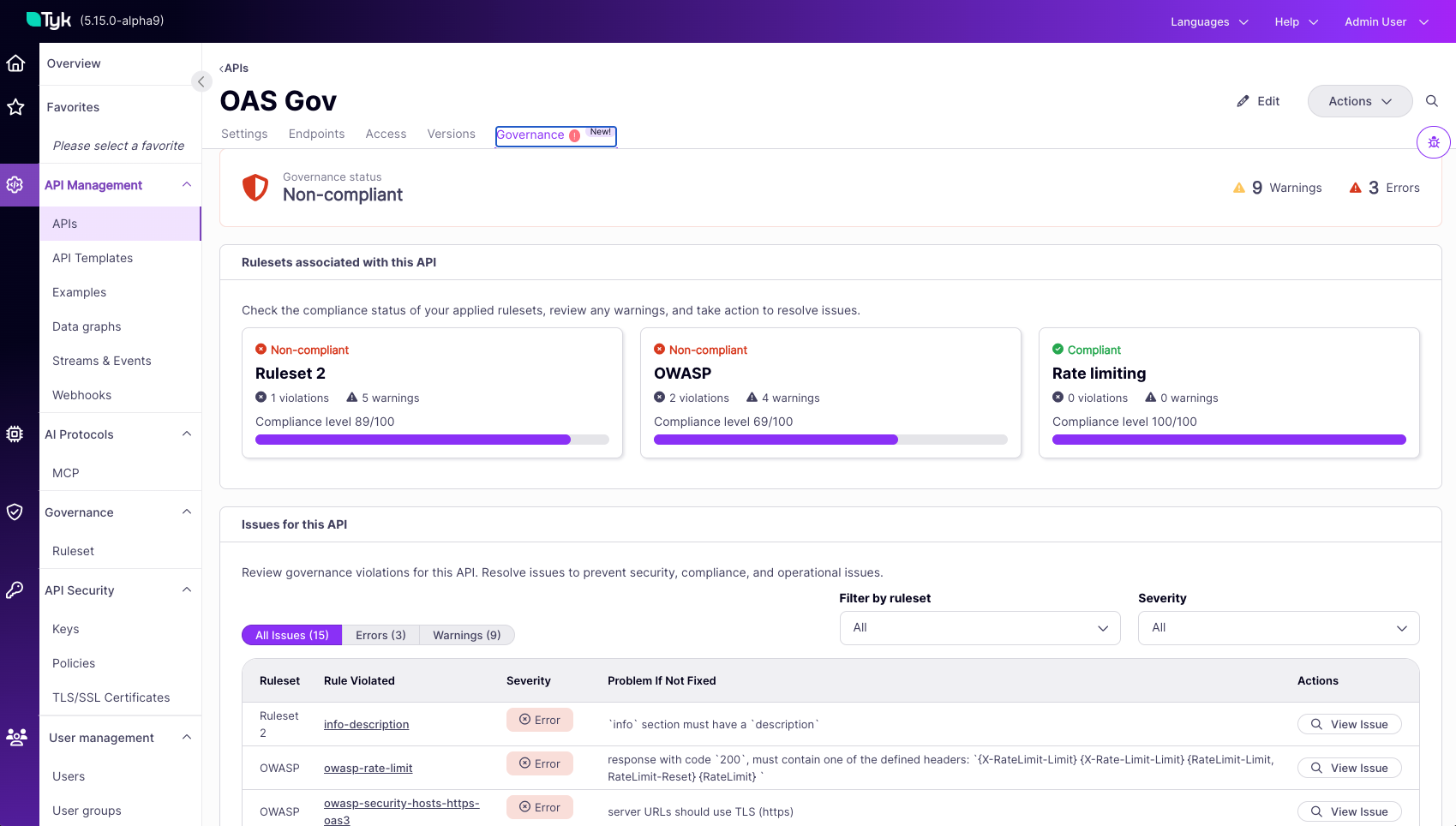 Governance tab showing compliance status