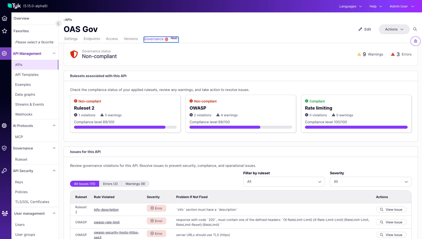 Governance tab showing compliance status