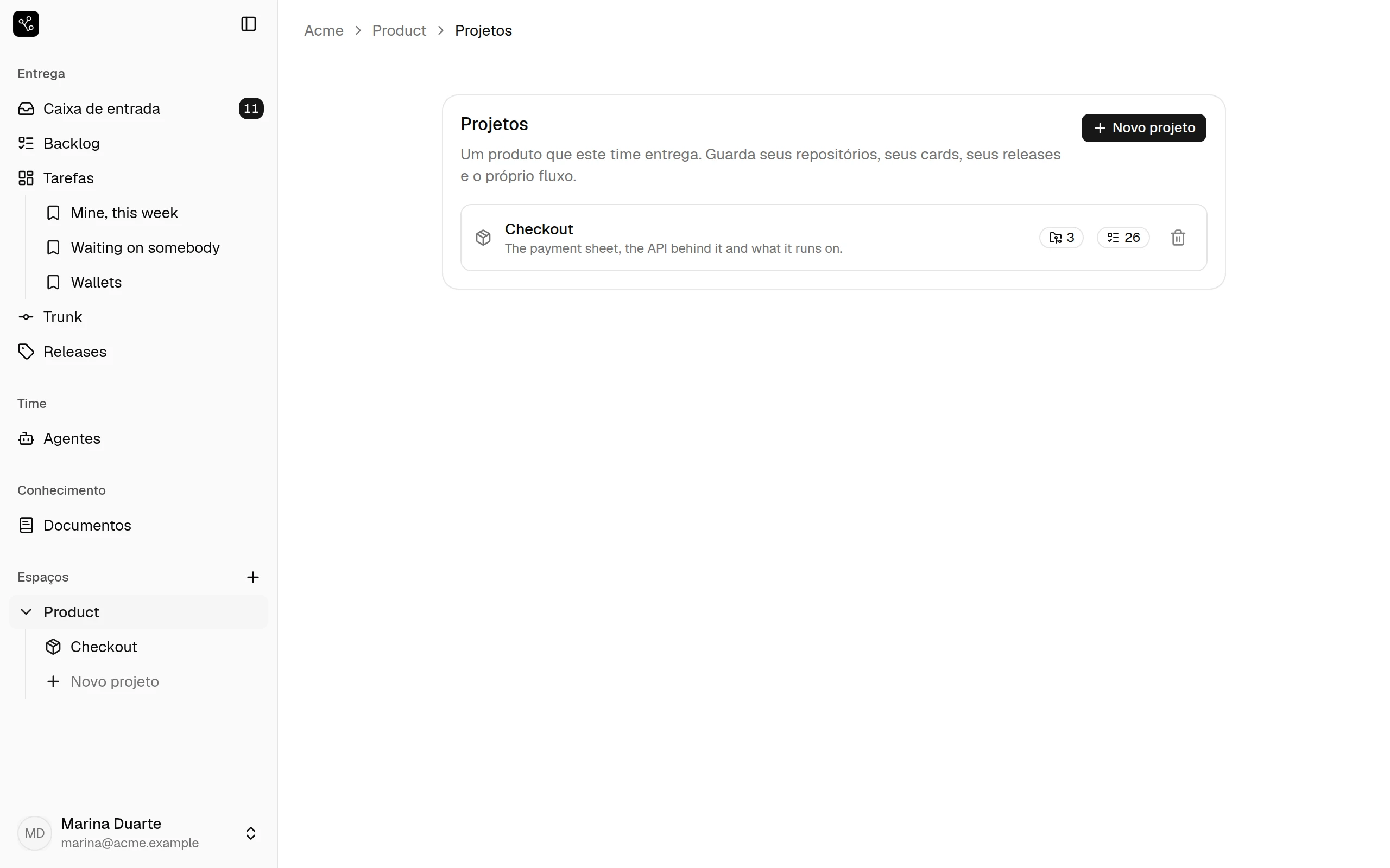 Os projetos de um workspace do Tylon