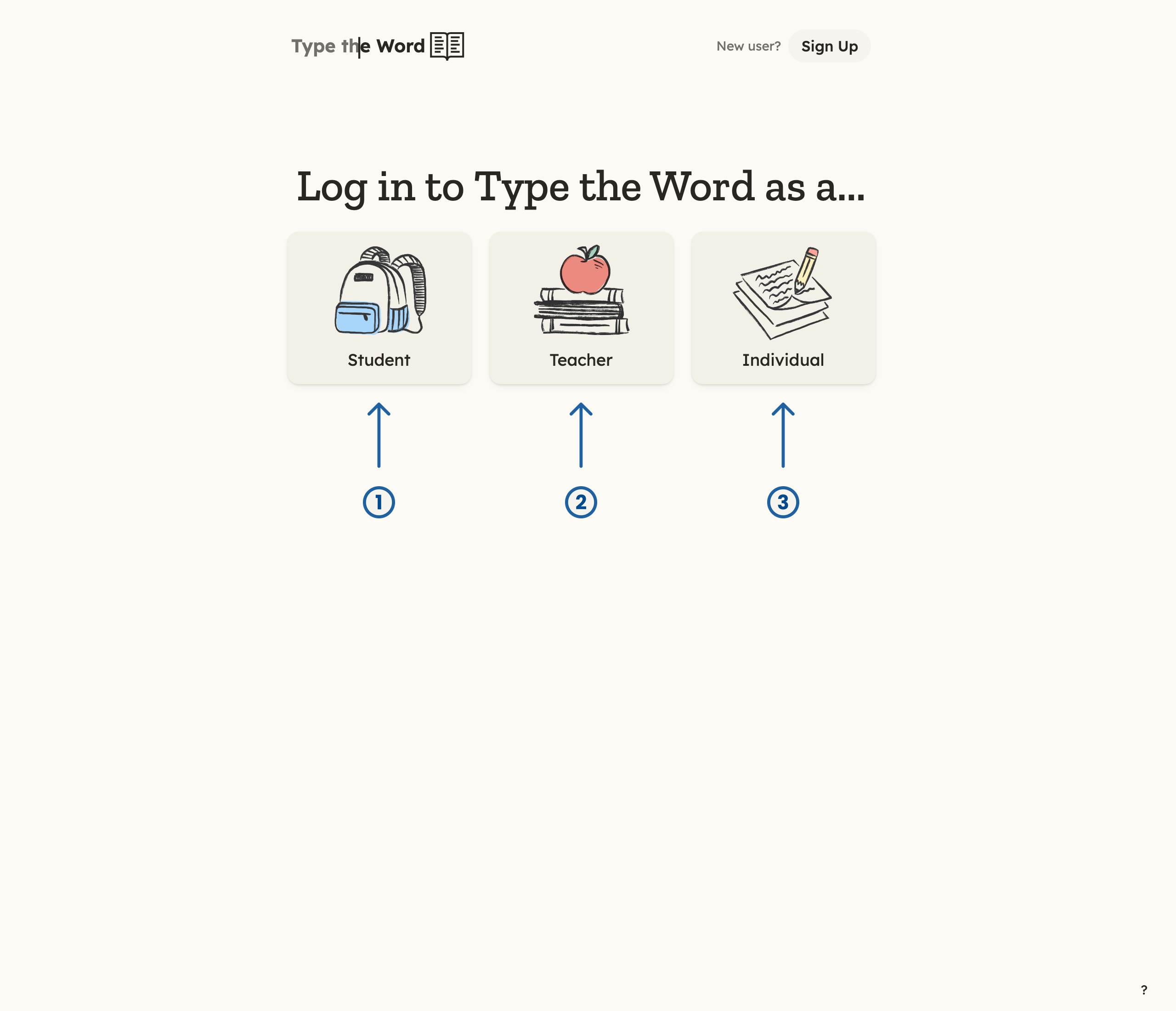 Type the Word login page with numbered arrows pointing at Individual, Student, and Teacher