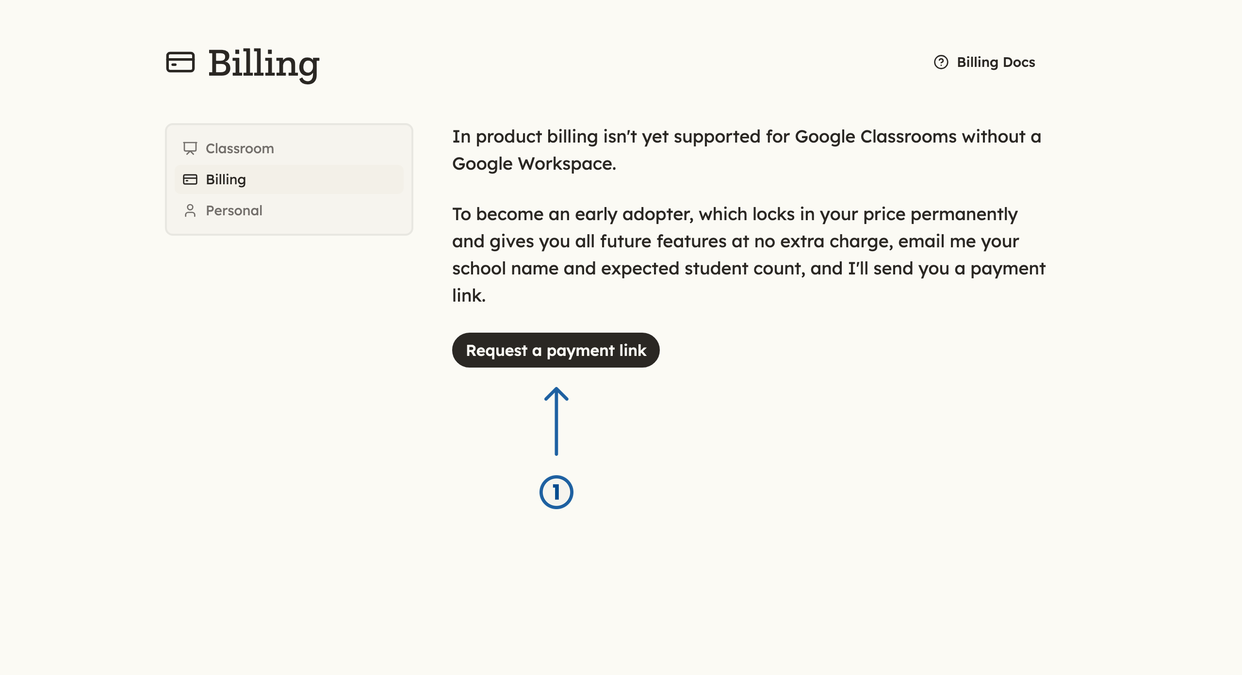 Billing settings with an arrow pointing at Request a payment link