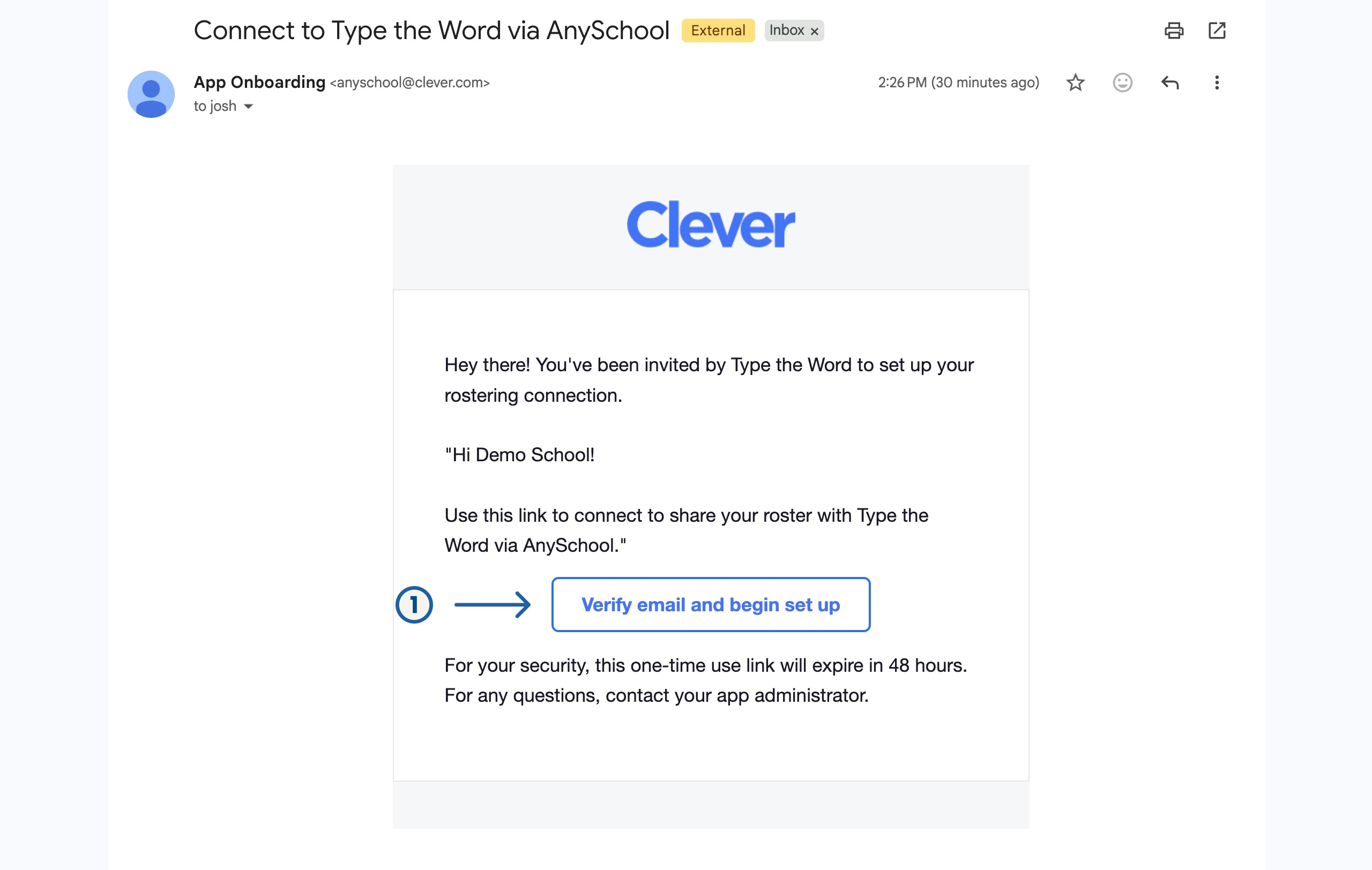 AnySchool invite email with a numbered arrow pointing at Verify email and begin set up