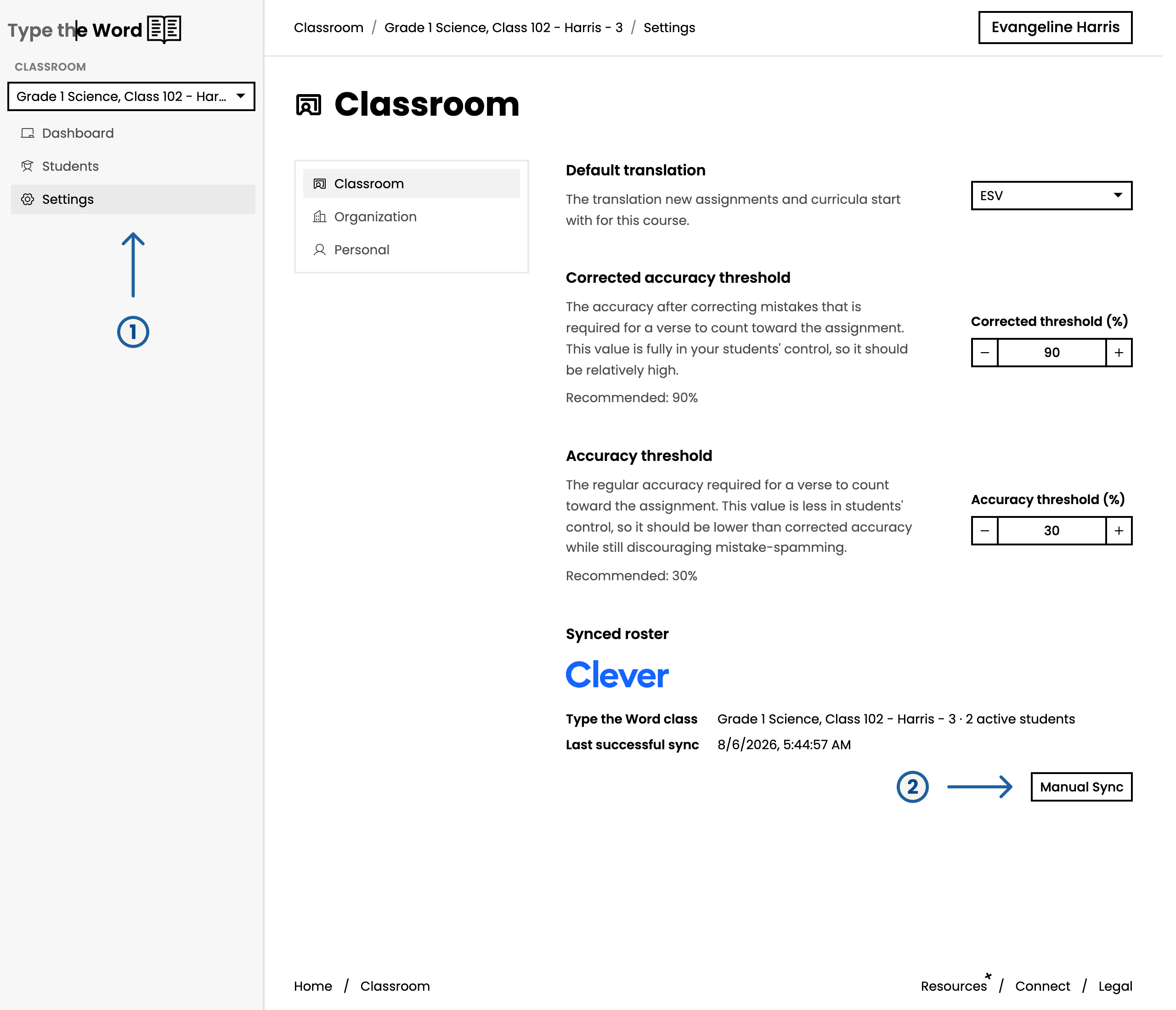 Classroom settings with numbered arrows pointing at Settings and Manual Sync