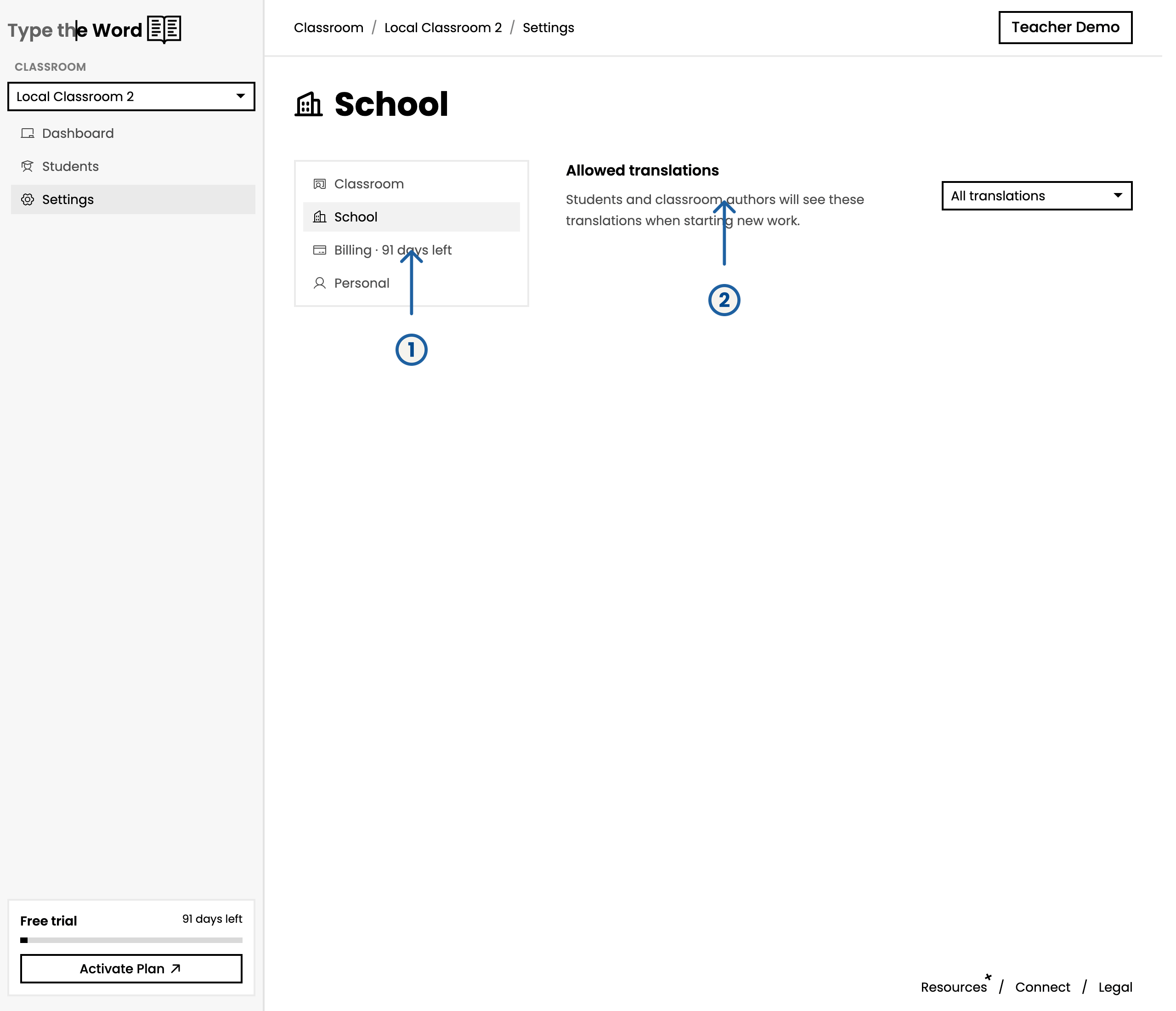 School settings with numbered arrows pointing at School and Allowed translations
