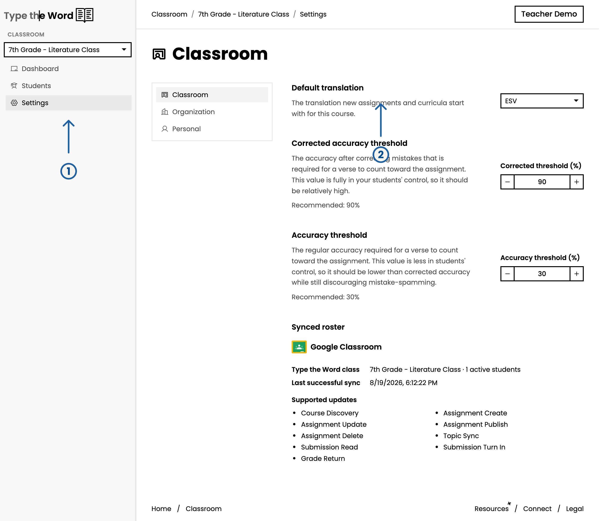 Classroom settings with numbered arrows pointing at Settings and Default translation