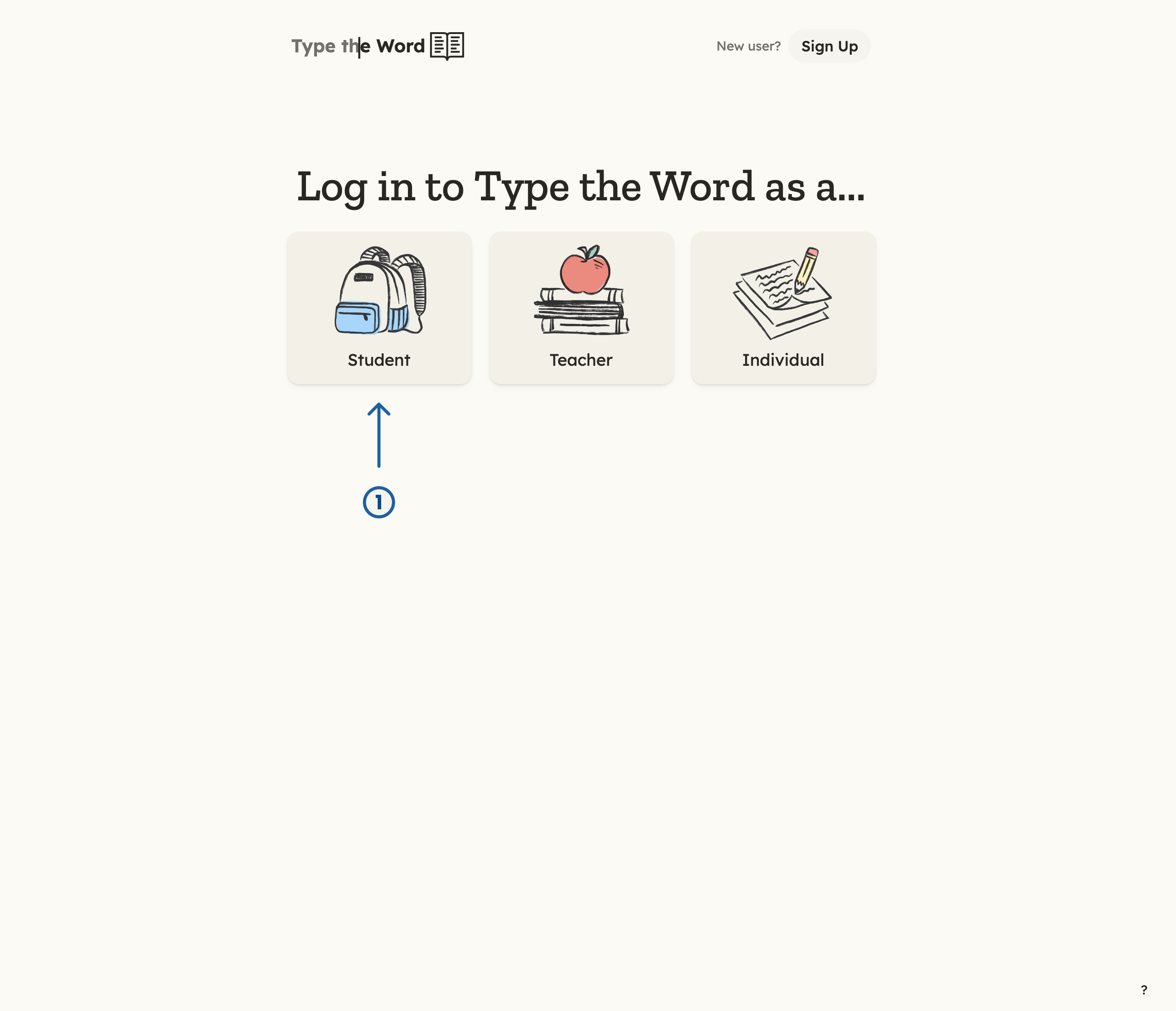 Type the Word login page with a numbered arrow pointing at Student