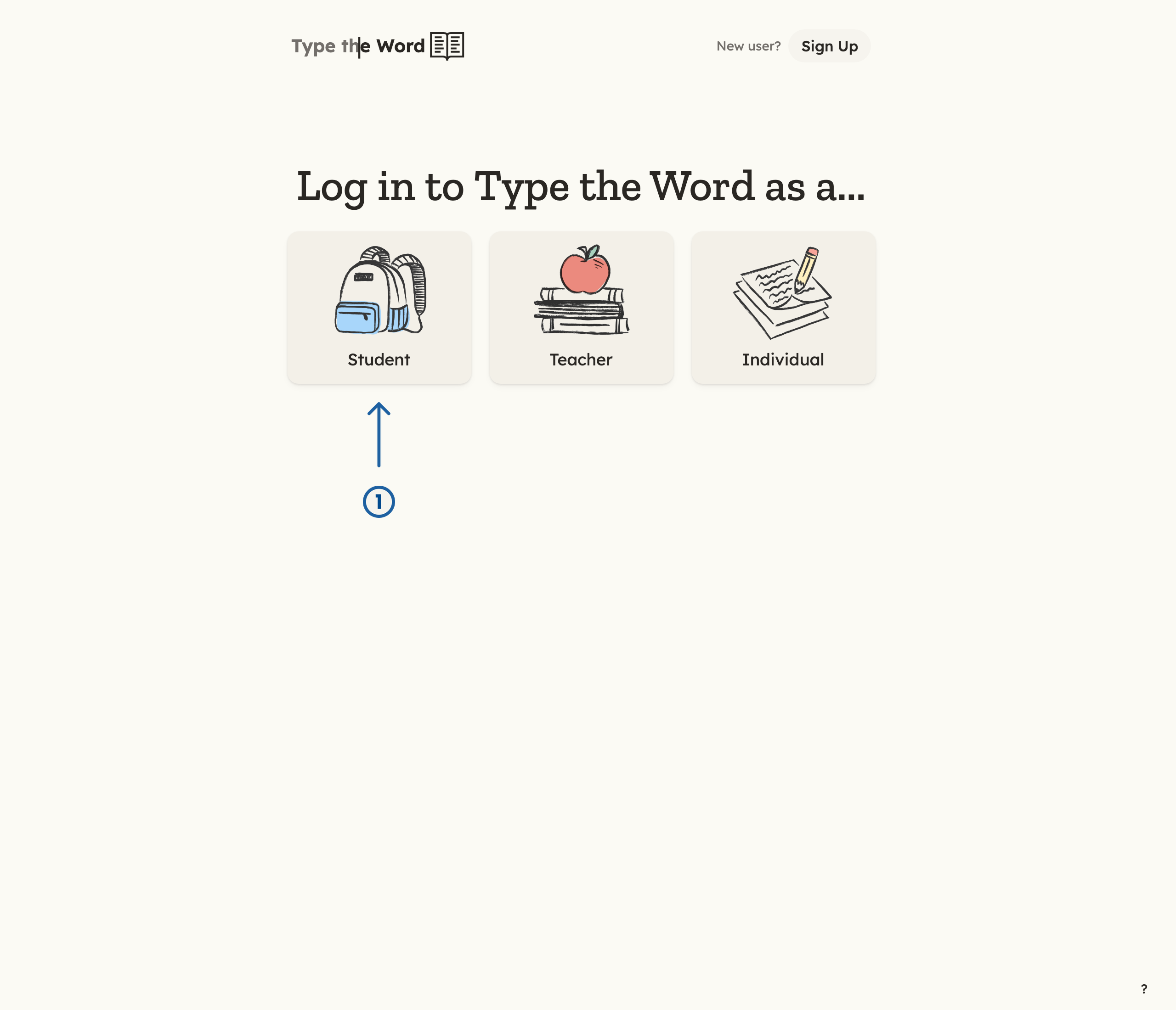 Type the Word login page with a numbered arrow pointing at Student