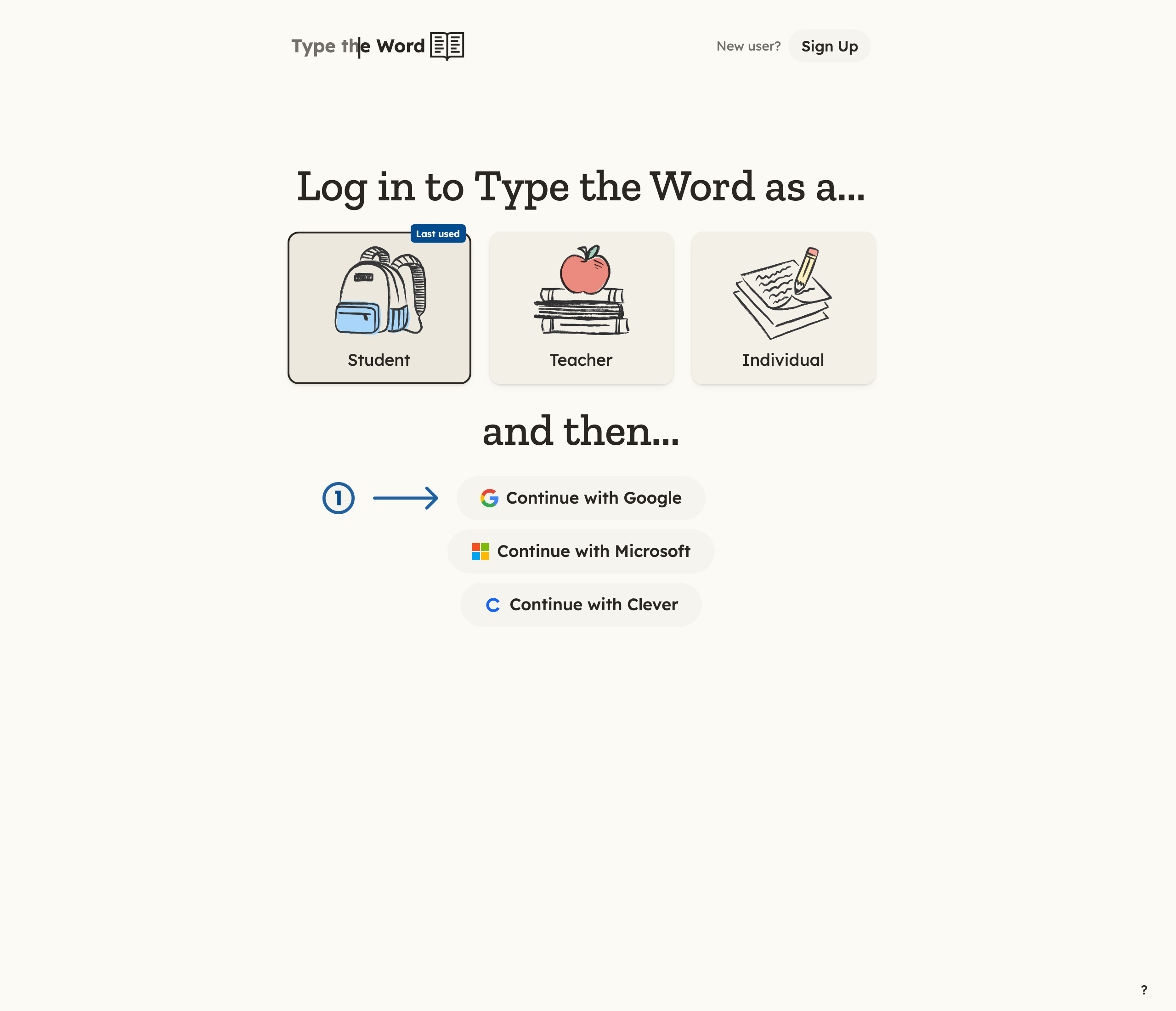 Student login with a numbered arrow pointing at Continue with Google
