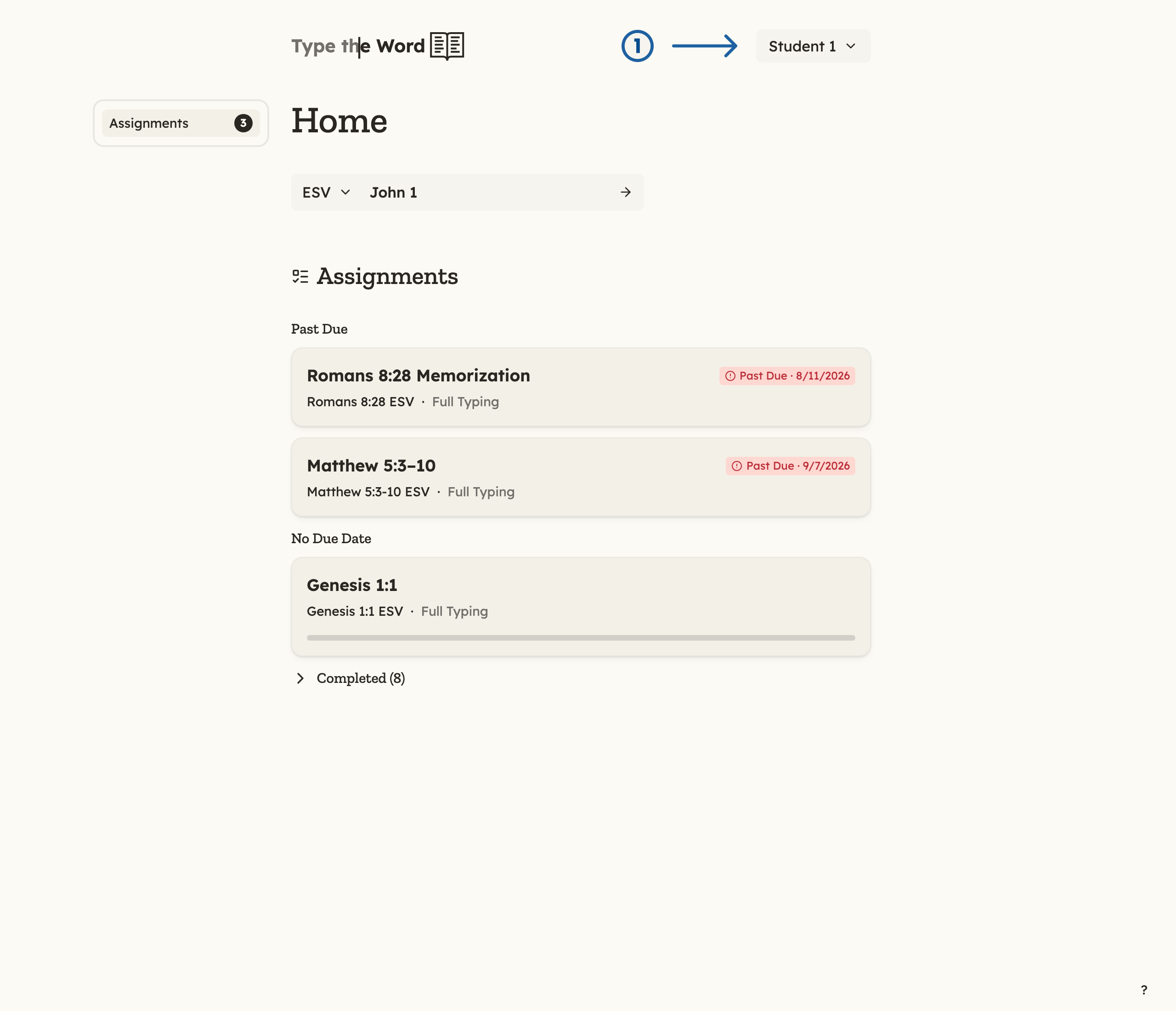 Student Home with a numbered arrow pointing at the Student 1 name button