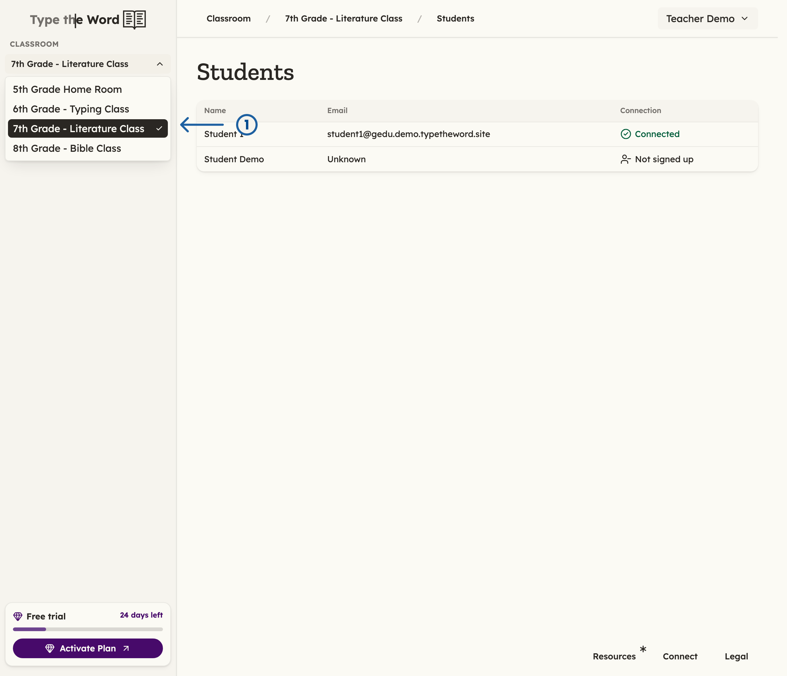 Classroom sidebar with the class dropdown open and a numbered arrow pointing at 7th Grade - Literature Class