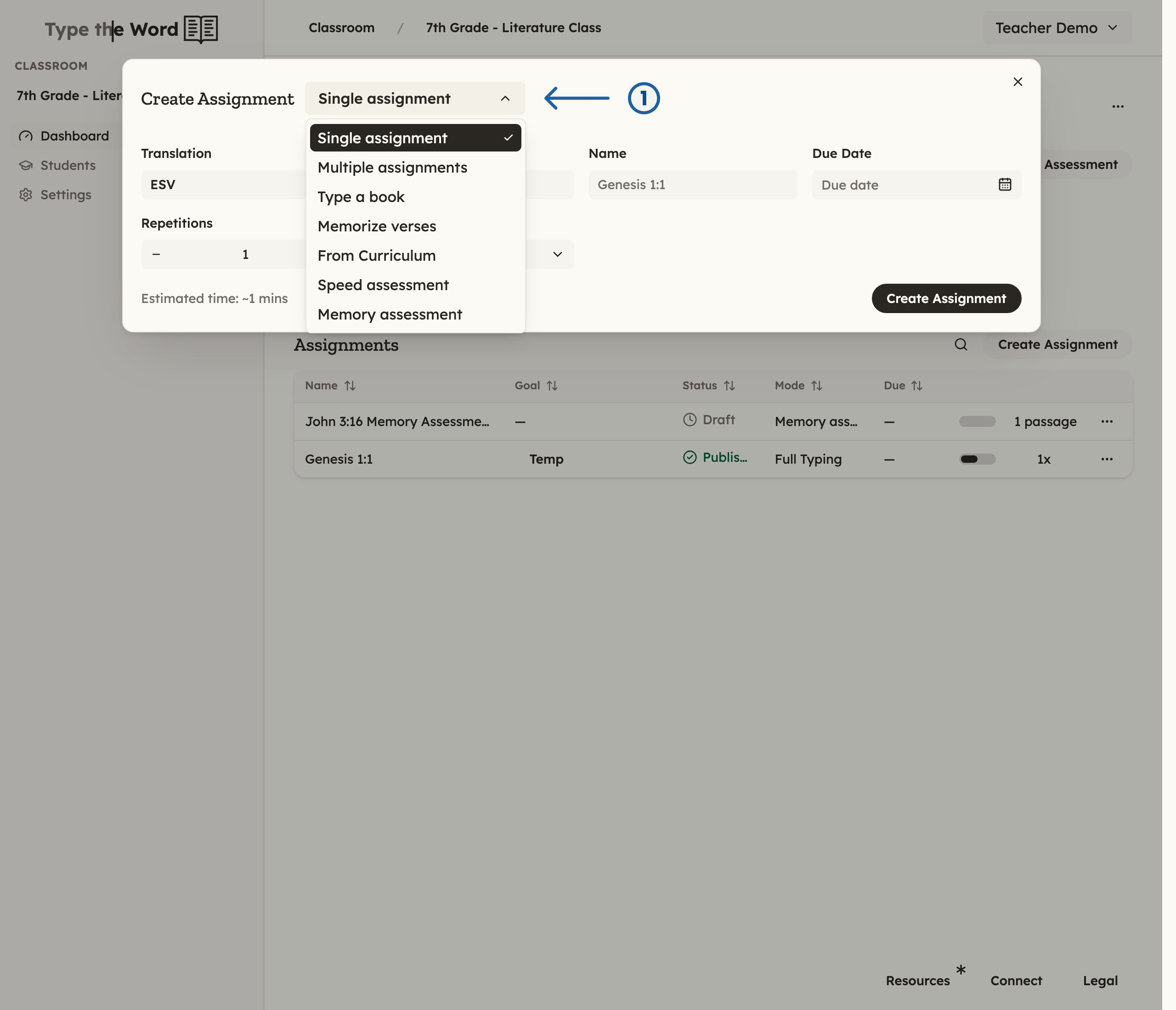Create Assignment dialog with the creation menu open and a numbered arrow pointing at it