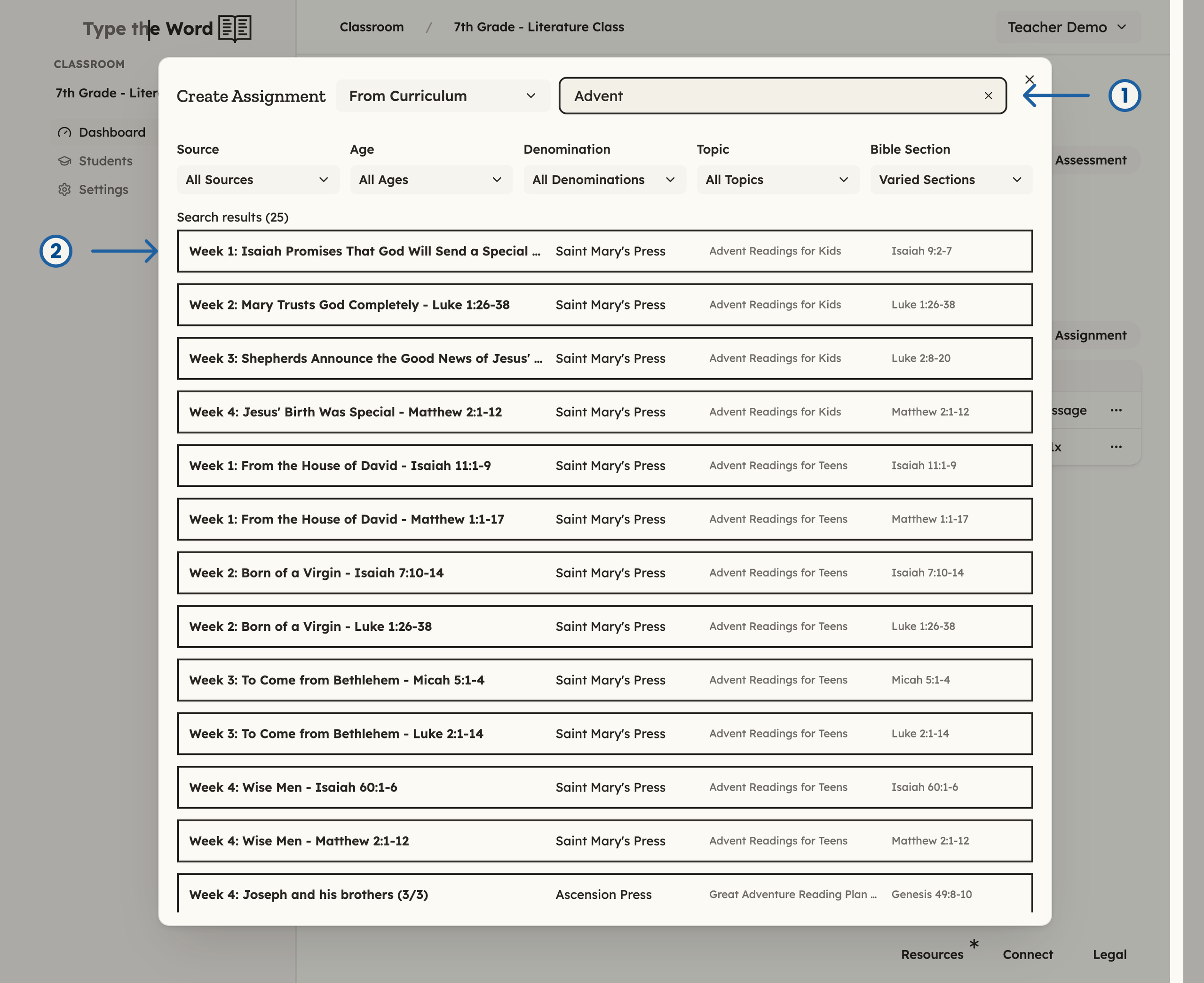 From Curriculum search results for Advent with numbered arrows pointing at the search field and the first assignment