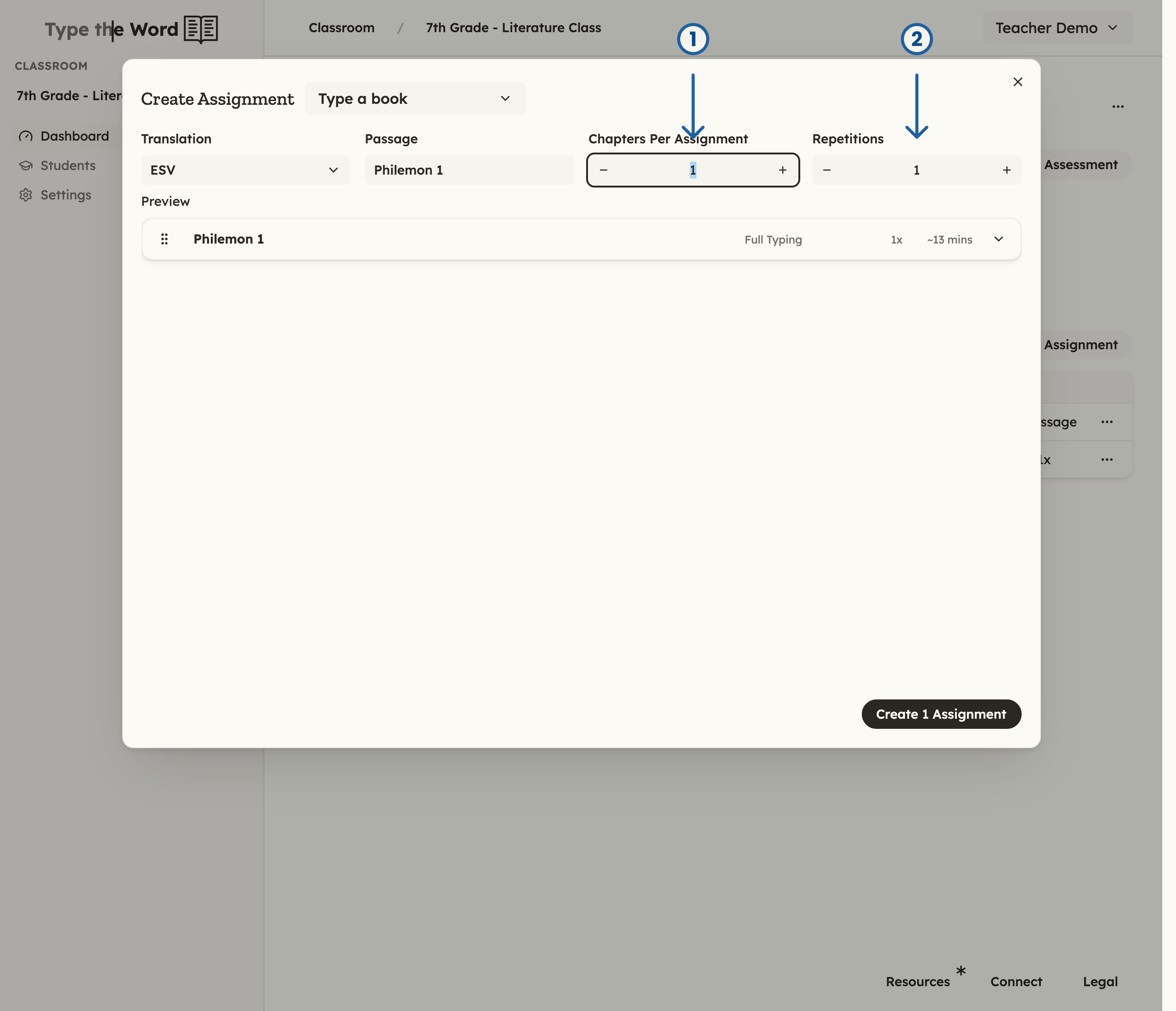 Type a book form with Philemon selected and numbered arrows pointing at Chapters Per Assignment and Repetitions