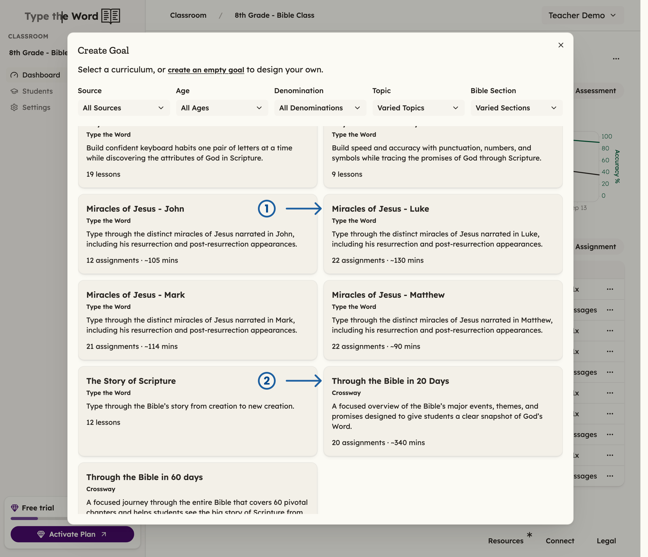 Create Goal curriculum picker with numbered arrows pointing at Miracles of Jesus - Luke and Through the Bible in 20 Days