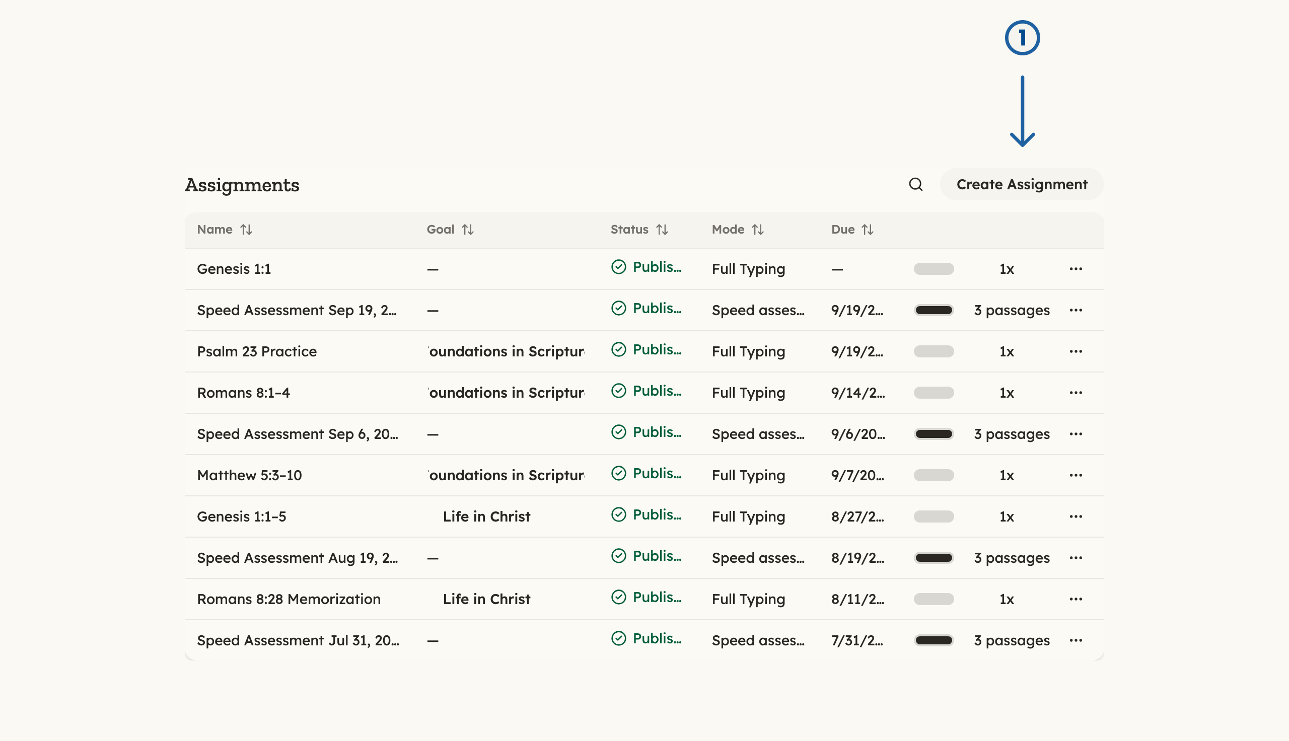 Dashboard Assignments section with a numbered arrow pointing at Create Assignment