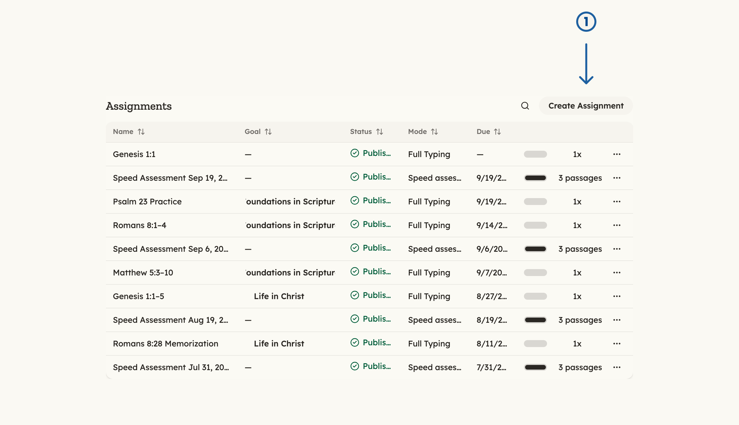 Dashboard Assignments section with a numbered arrow pointing at Create Assignment