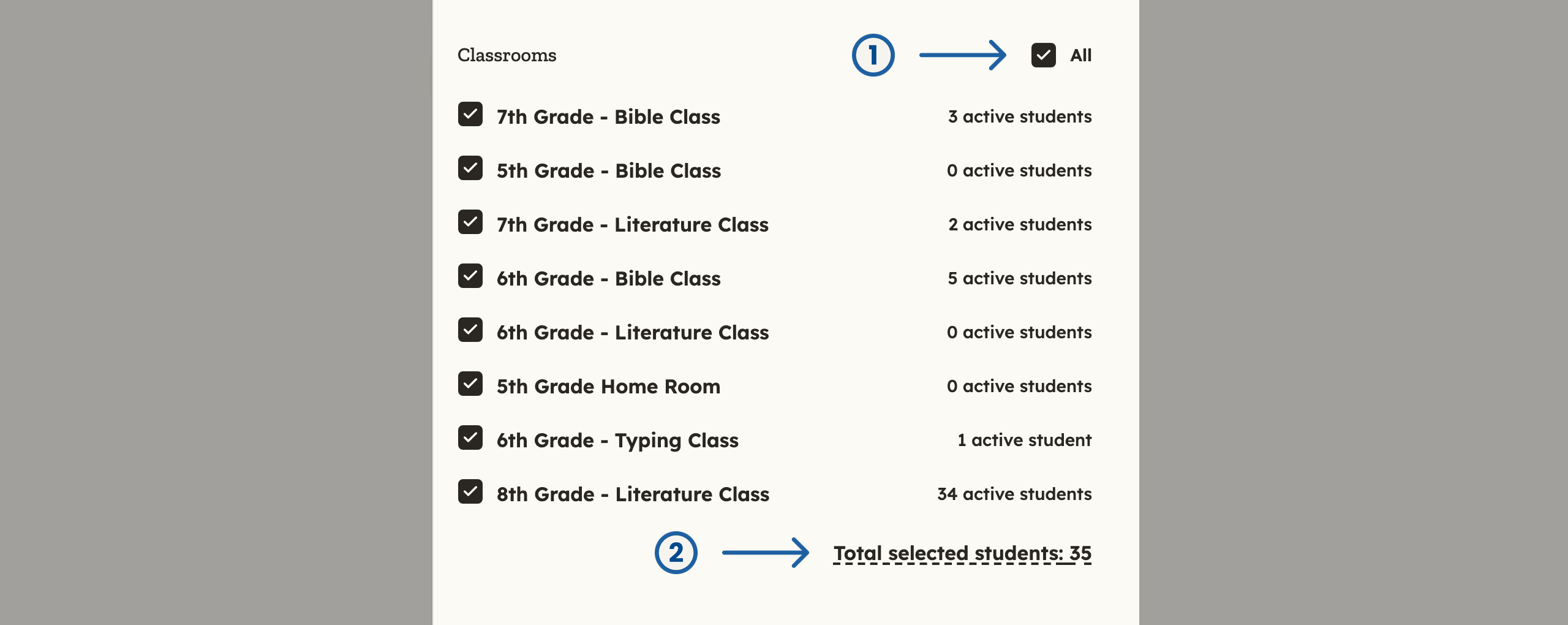 Annual plan classroom selection with arrows pointing at All and Total selected students