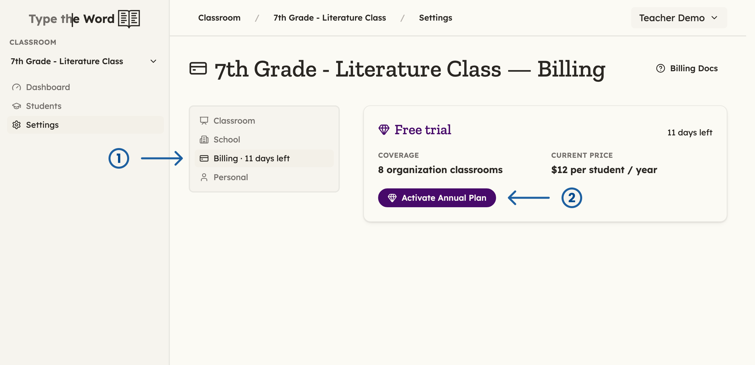 Billing settings during a free trial, with arrows pointing at Billing and Activate Annual Plan