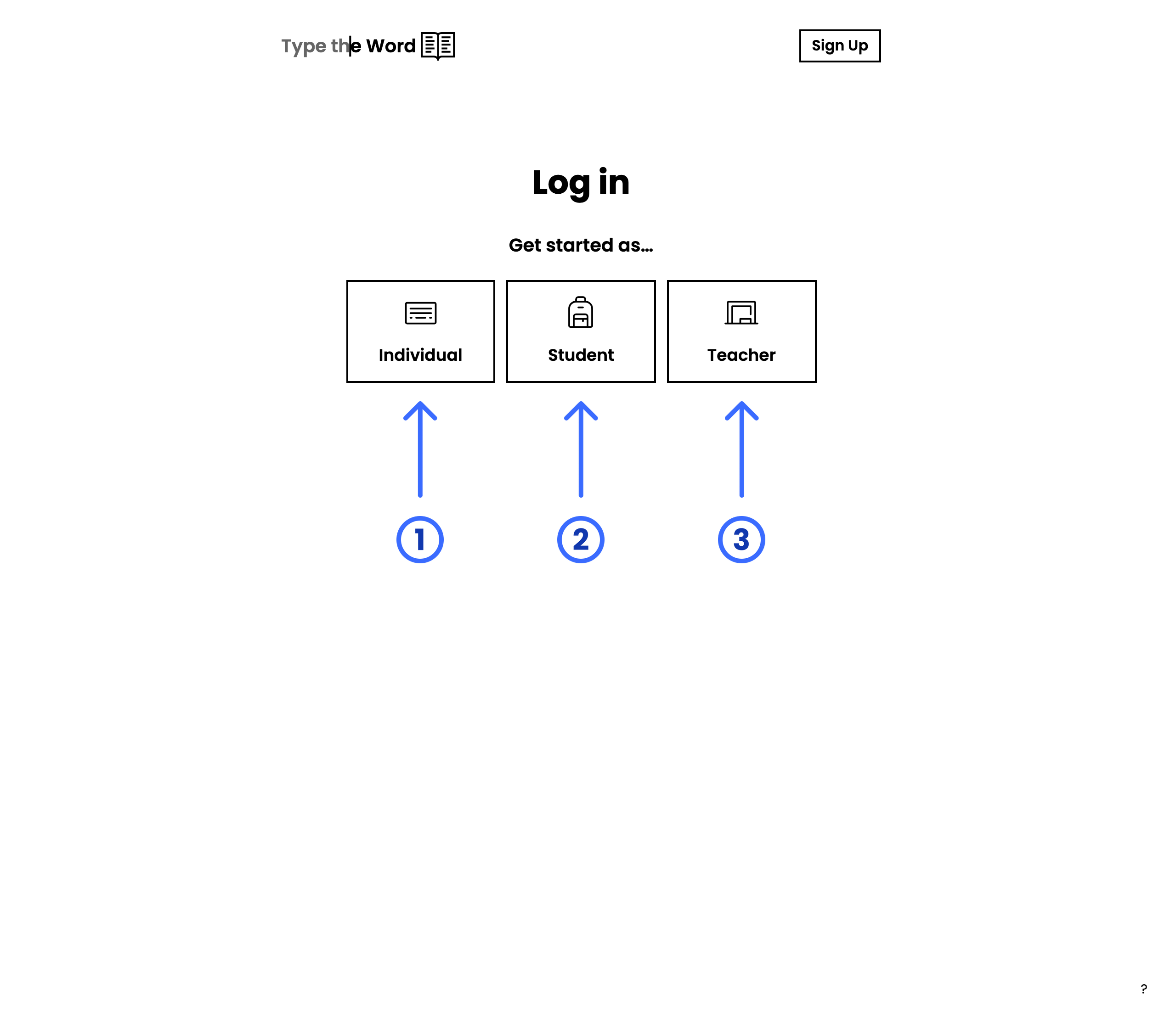 Type the Word login page with numbered arrows pointing at Individual, Student, and Teacher