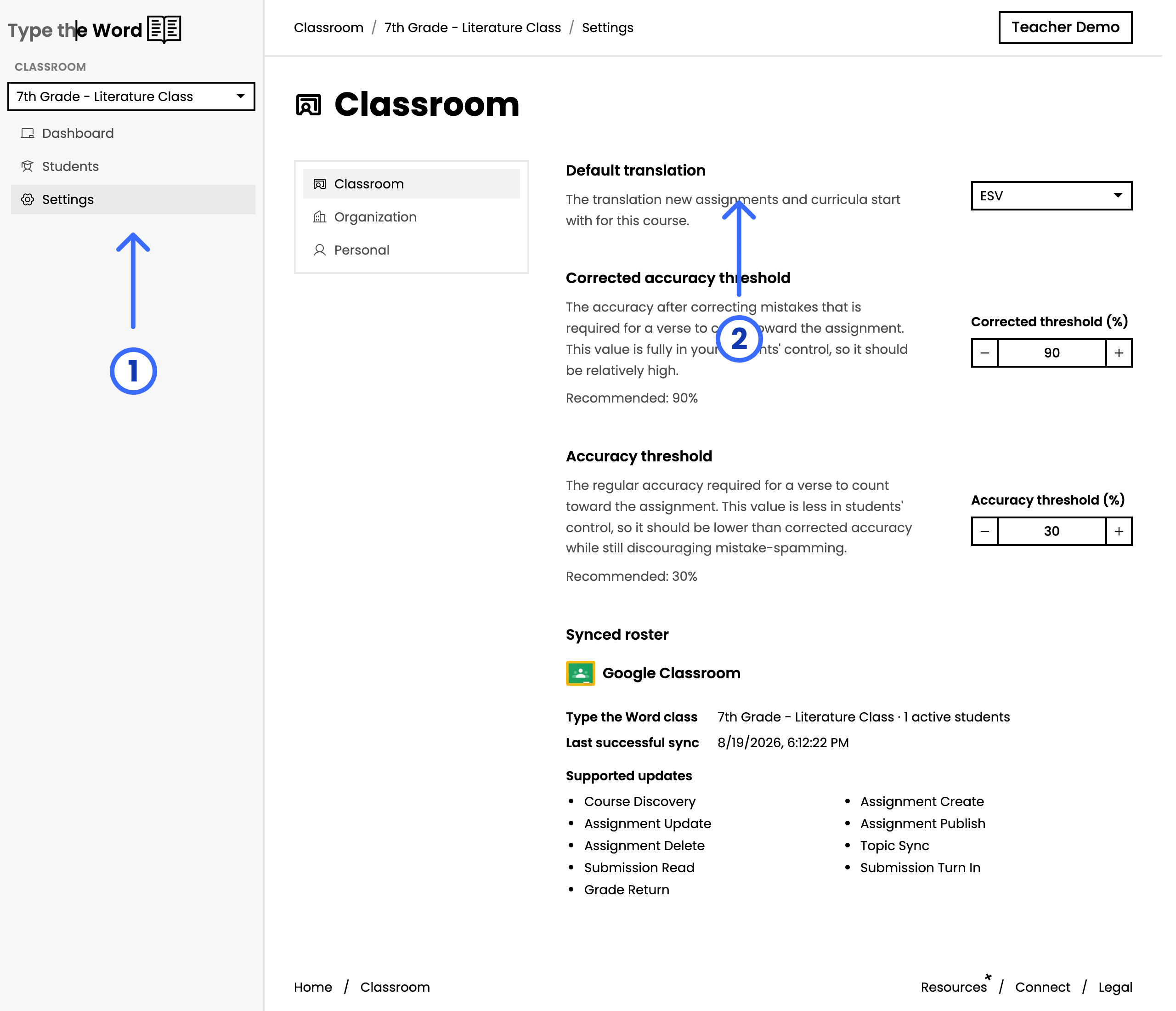 Classroom settings with numbered arrows pointing at Settings and Default translation