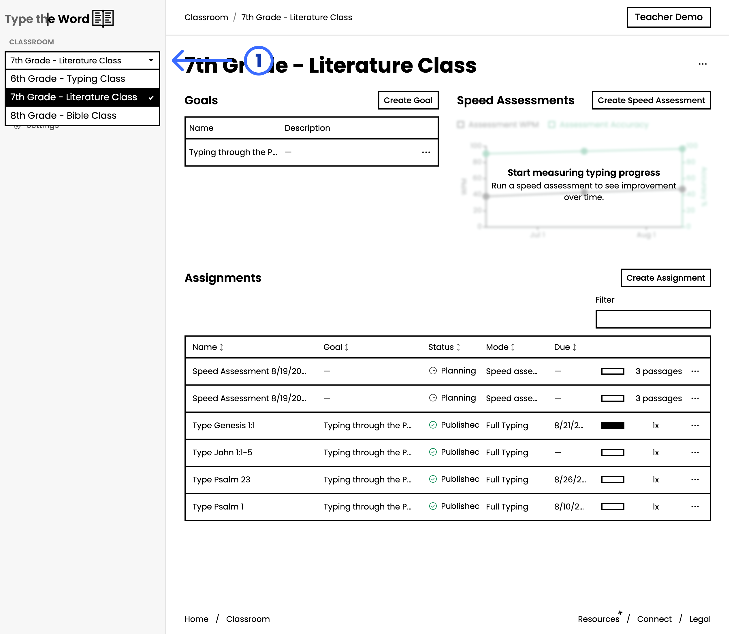 Classroom sidebar with the classroom selector open and a numbered arrow pointing at it