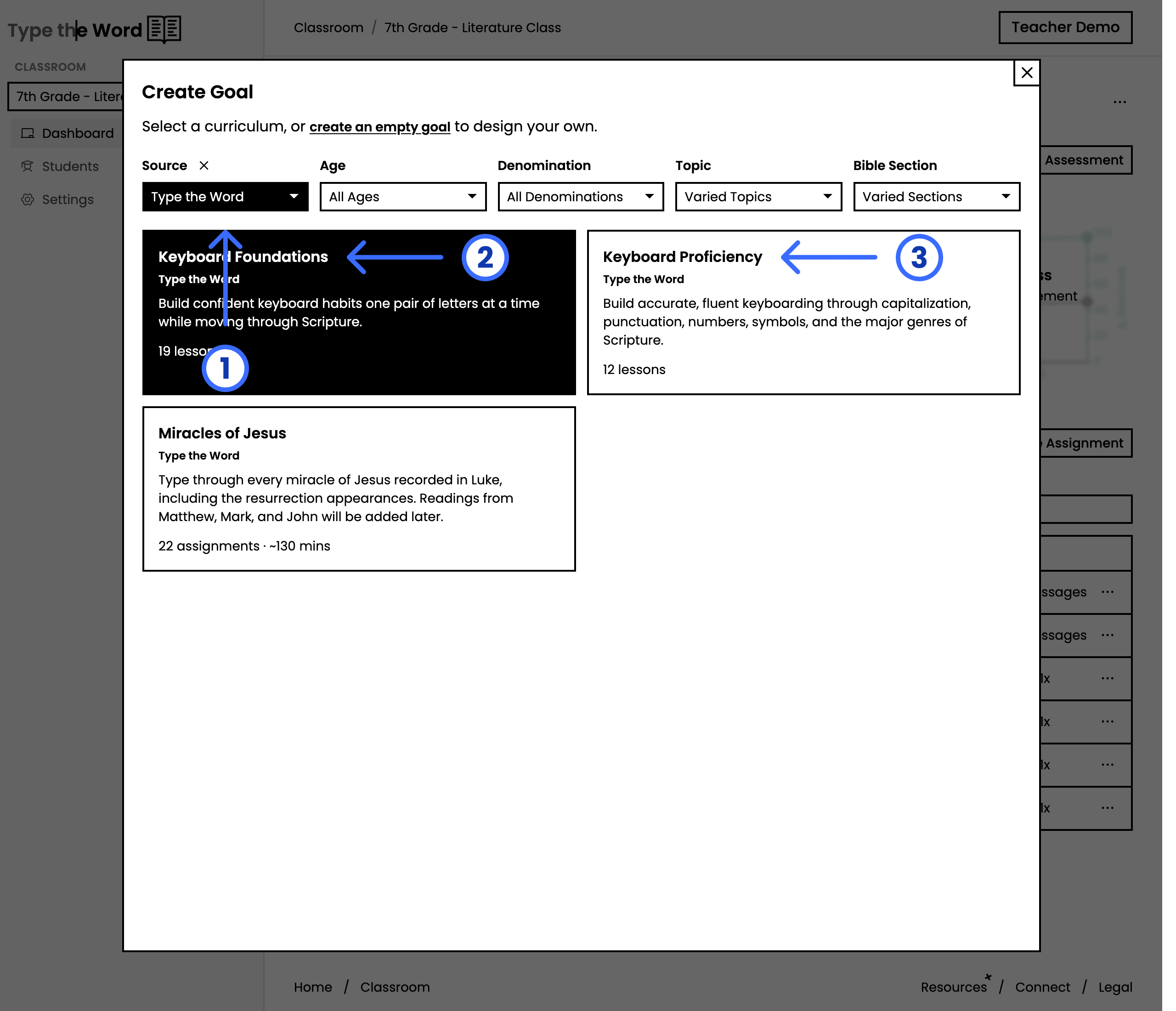 Create Goal curriculum picker with numbered arrows pointing at Source set to Type the Word, Keyboard Foundations, and Keyboard Proficiency