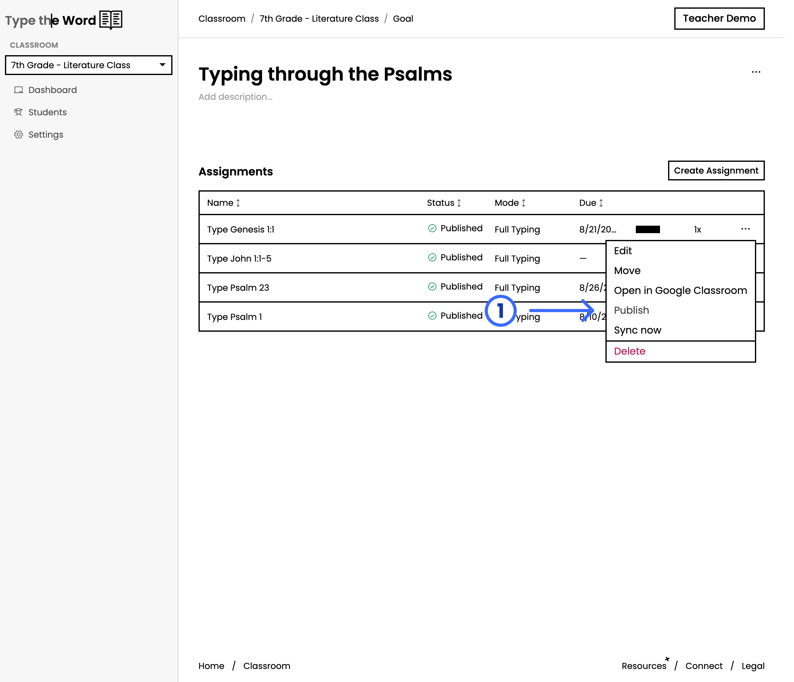 Assignment list with the actions menu open and a numbered arrow pointing at Publish