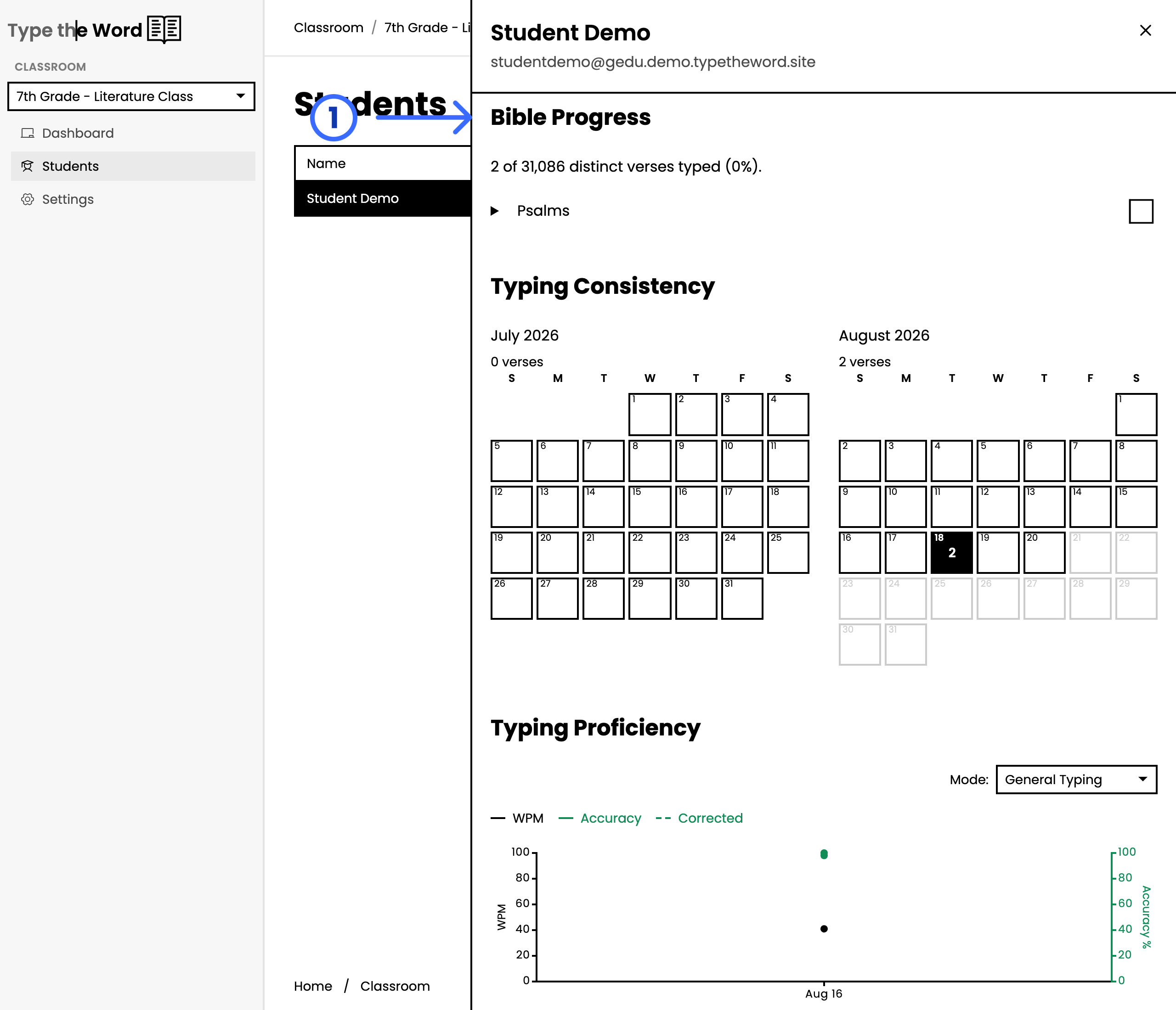 Student progress drawer with a numbered arrow pointing at Bible Progress