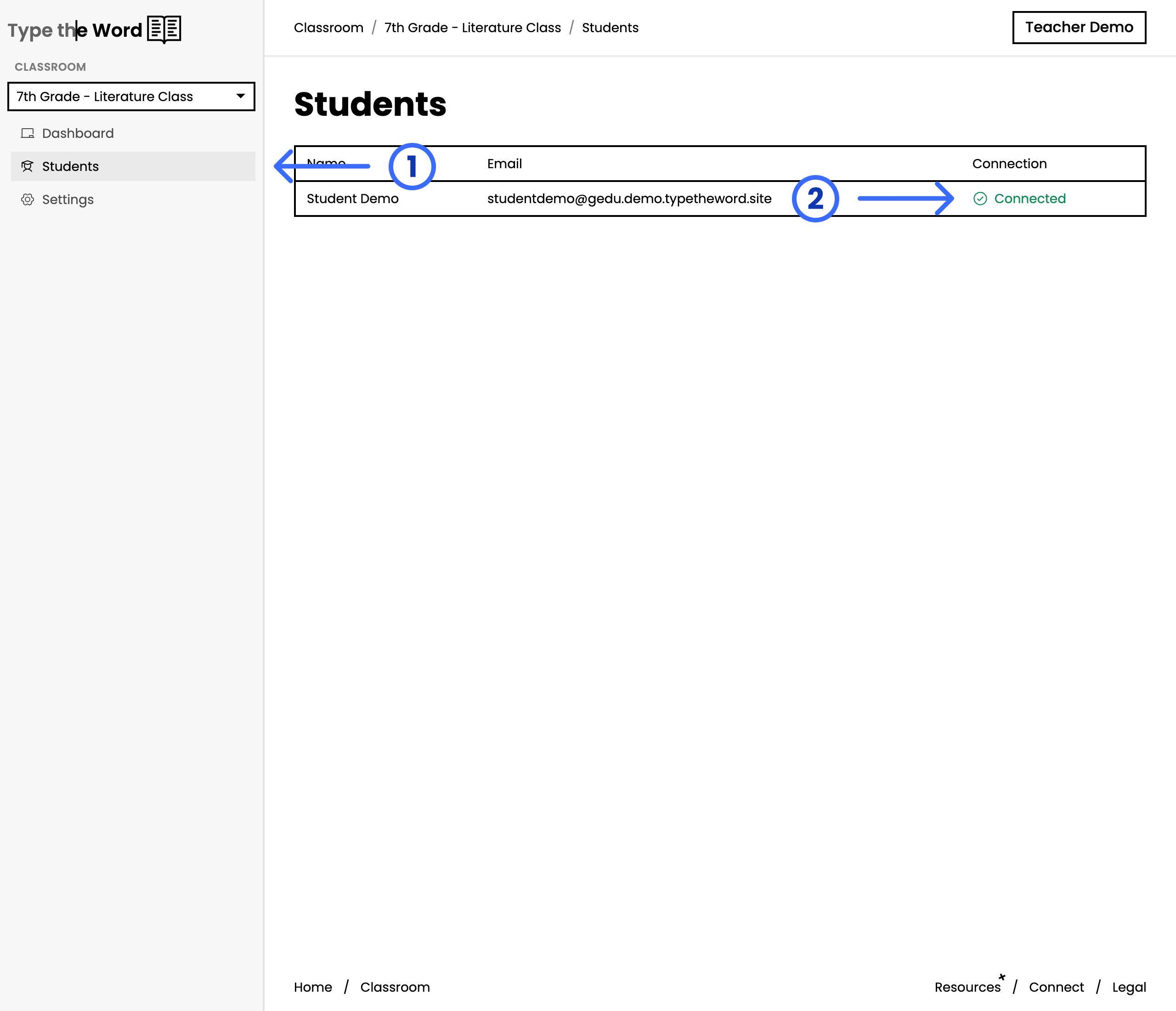 Students page with numbered arrows pointing at Students and a Connected status