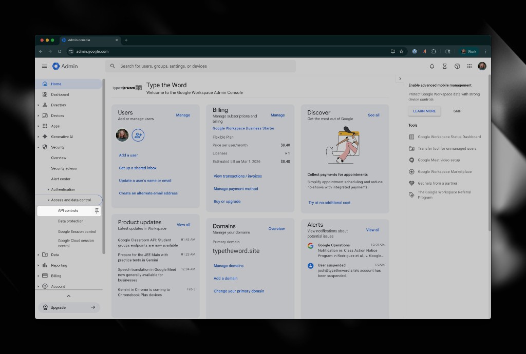 Google Admin home with Security and API controls available