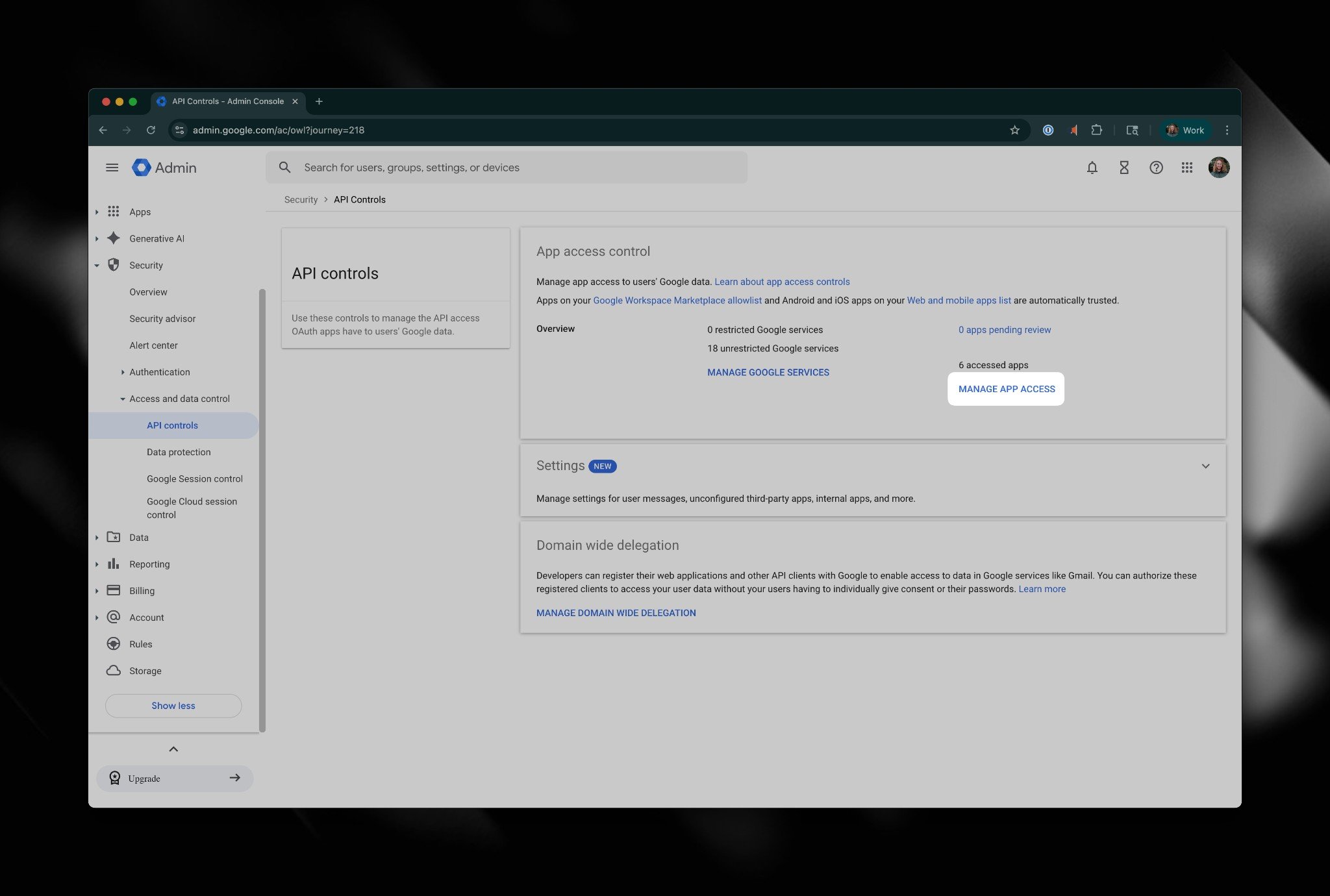API controls page with Manage app access highlighted