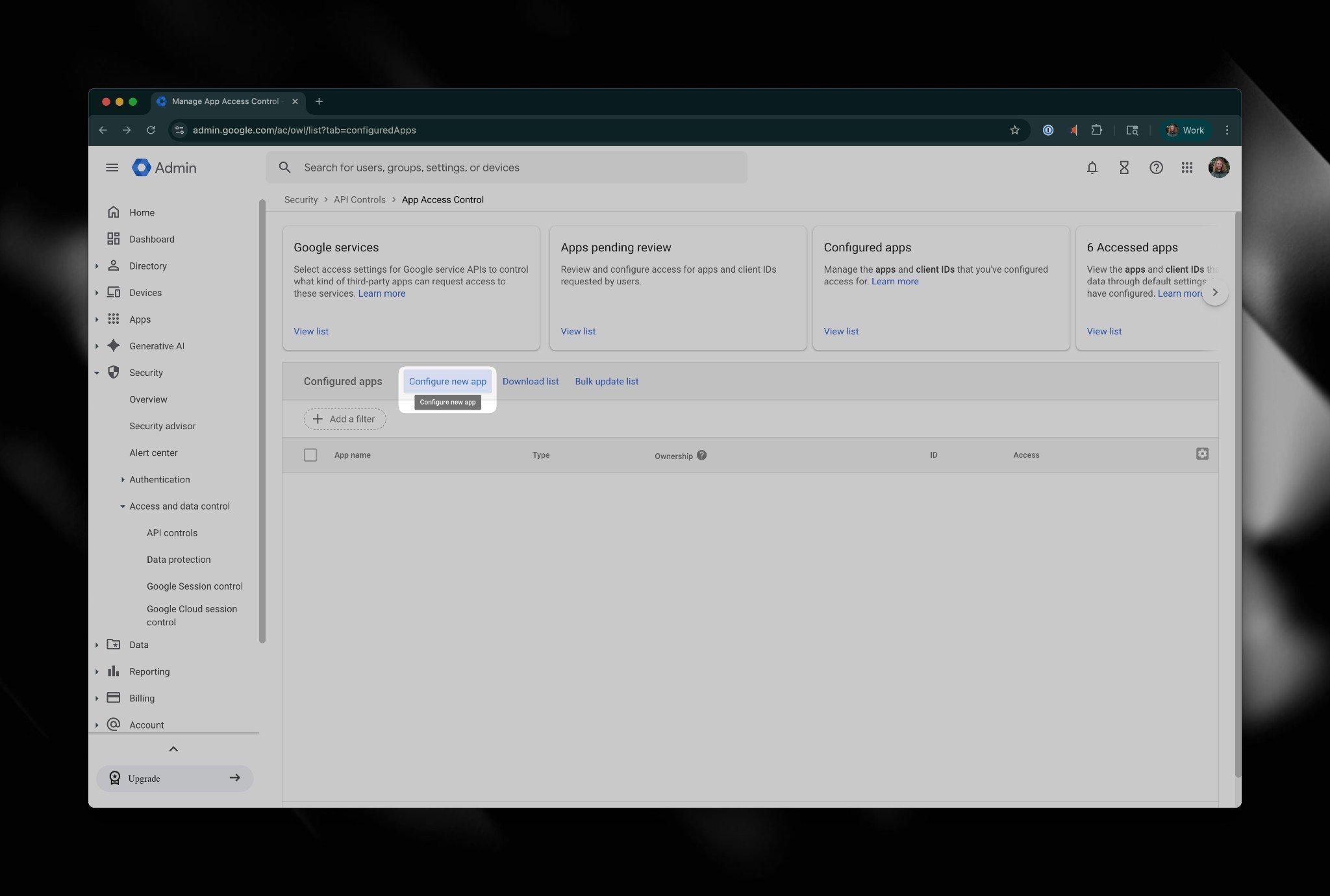 Manage app access page with Configure new app button