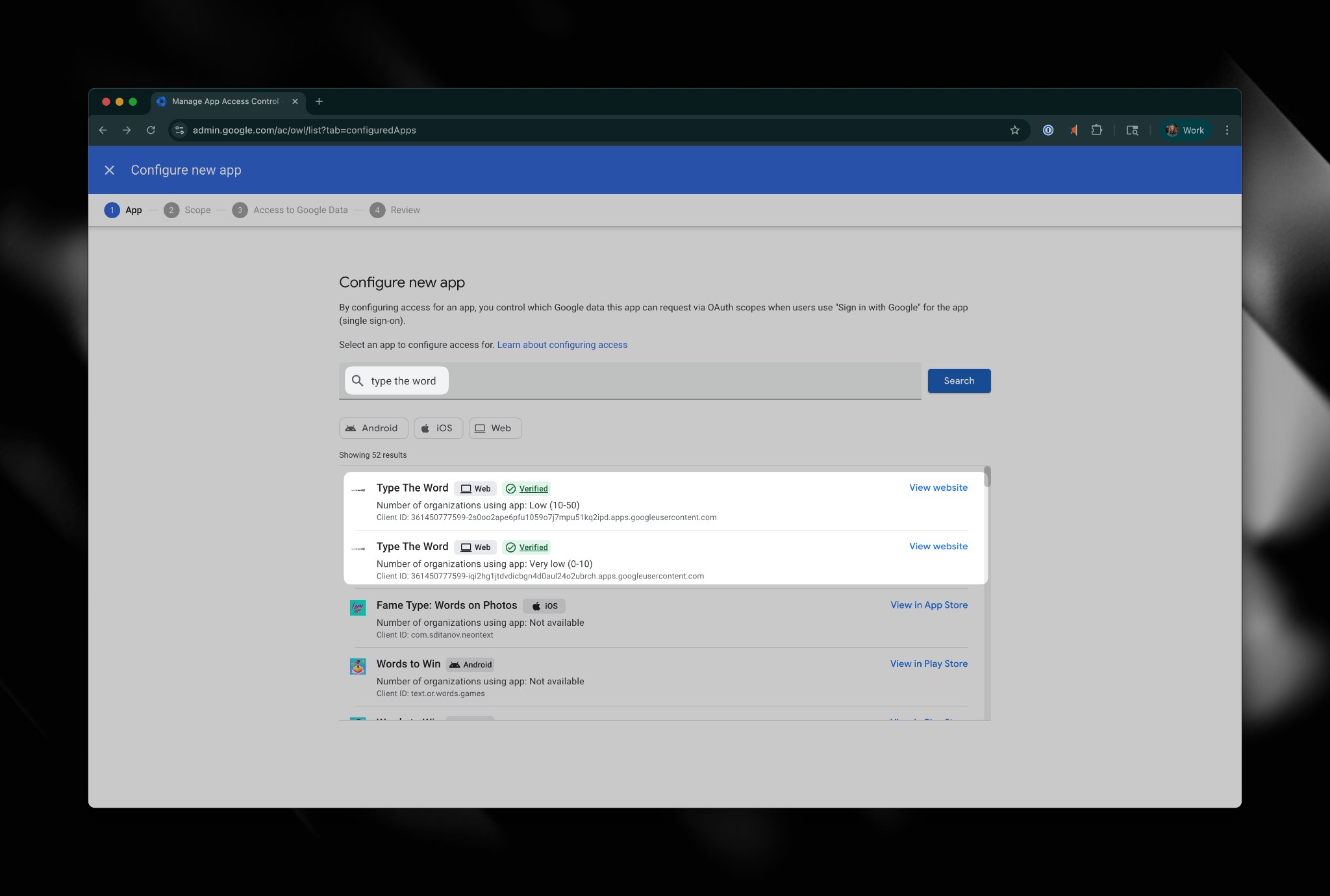 Configure new app search results for Type the Word