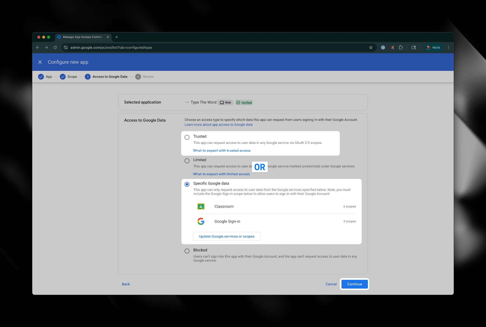 Access to Google Data step with Specific Google data selected