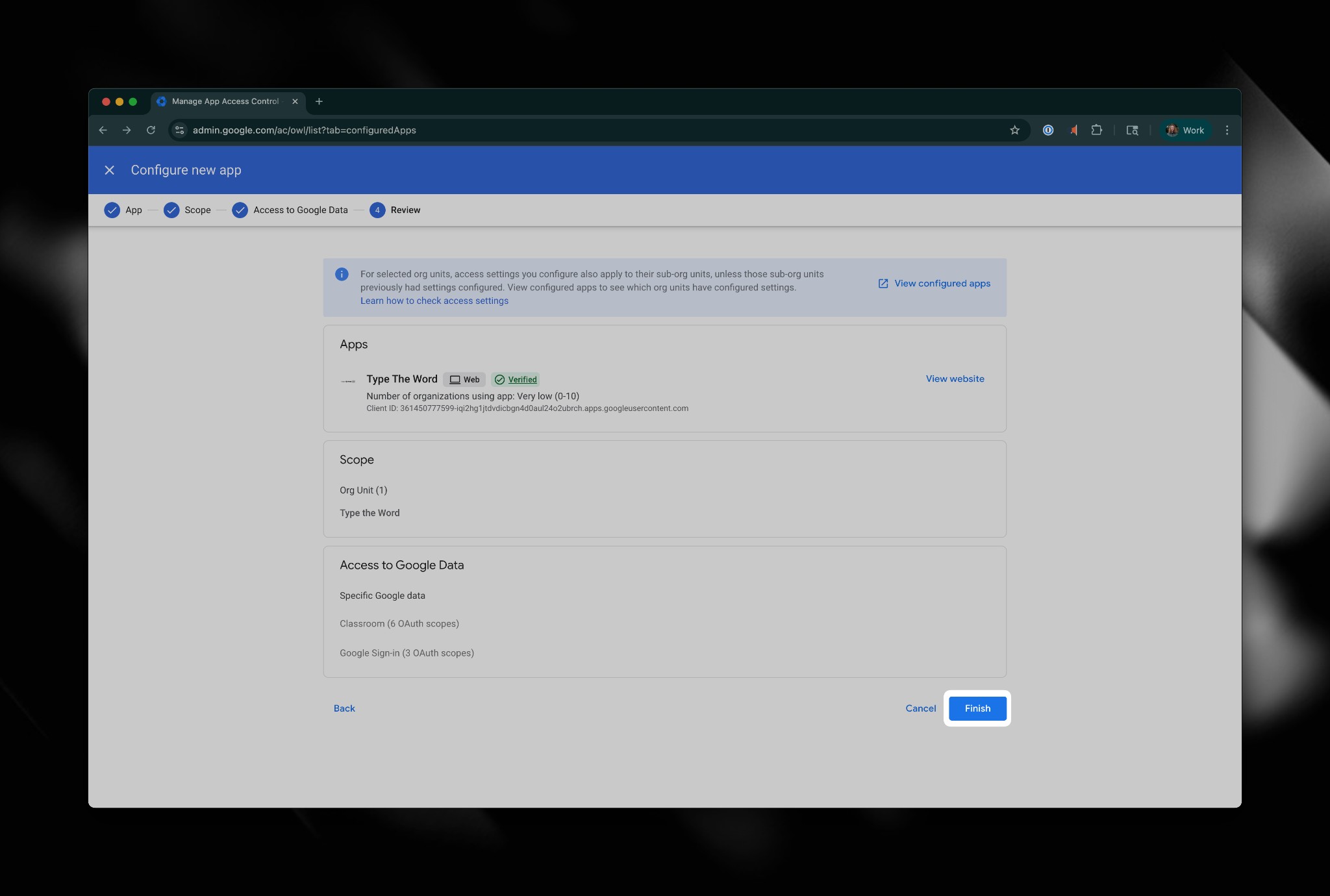 Review step before finishing app access configuration