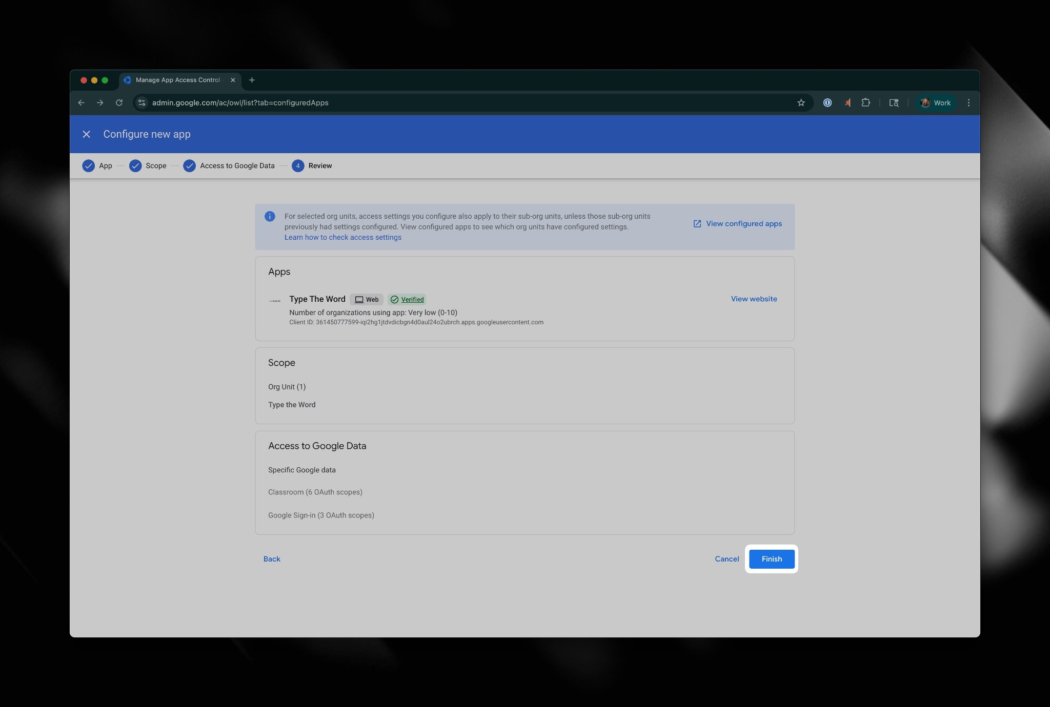 Review step before finishing app access configuration