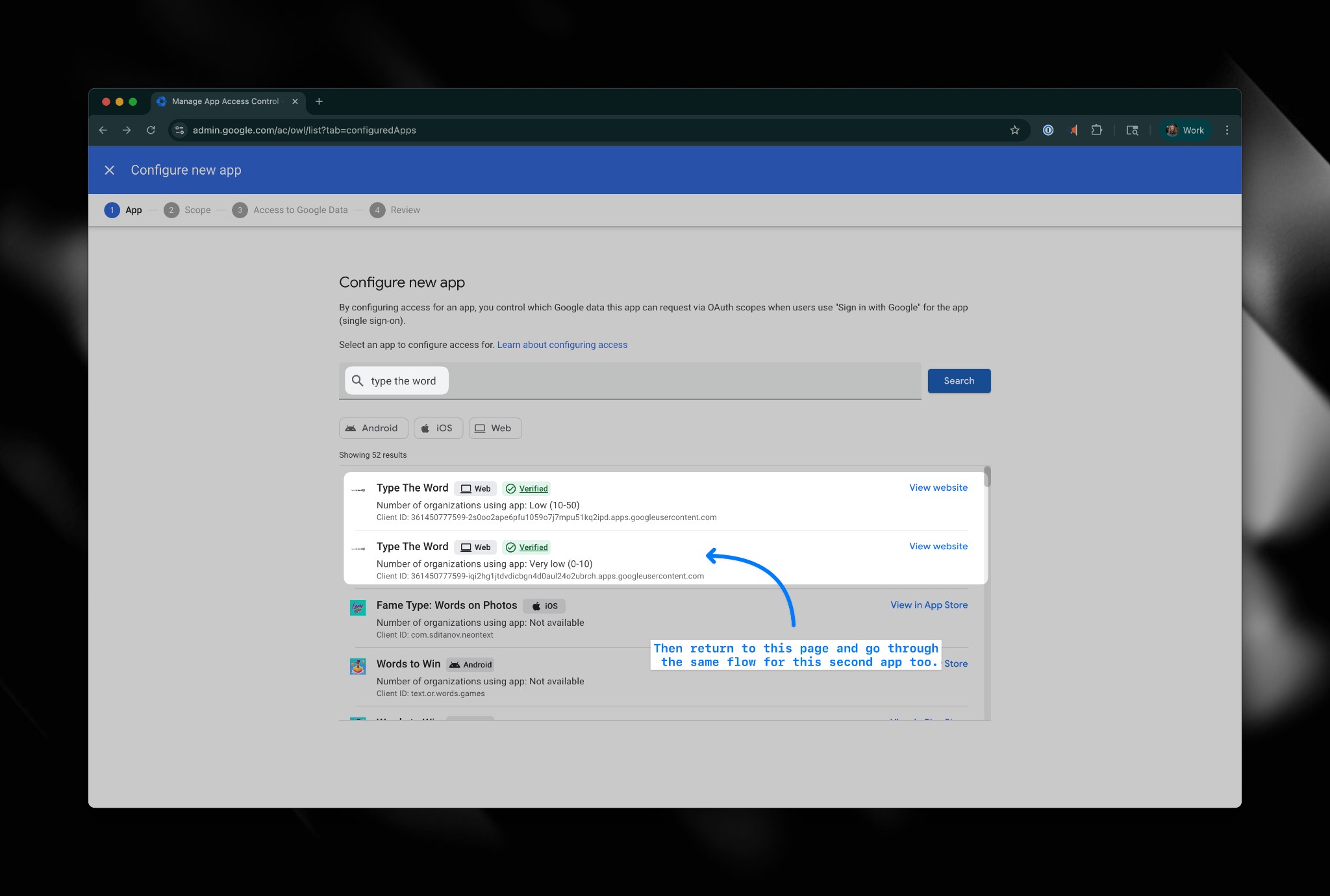 Configure the second Type the Word app entry