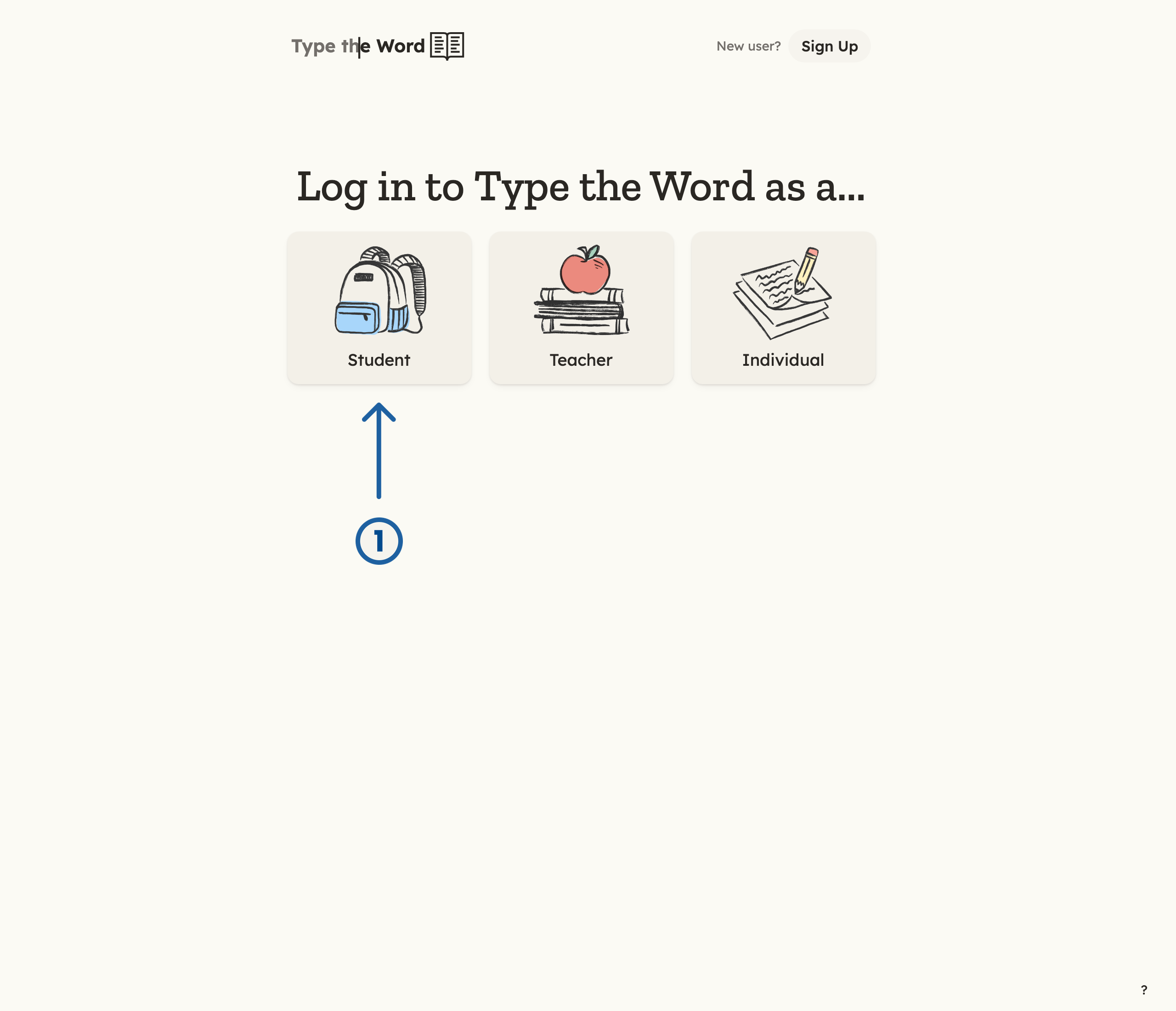 Type the Word login page with a numbered arrow pointing at Student