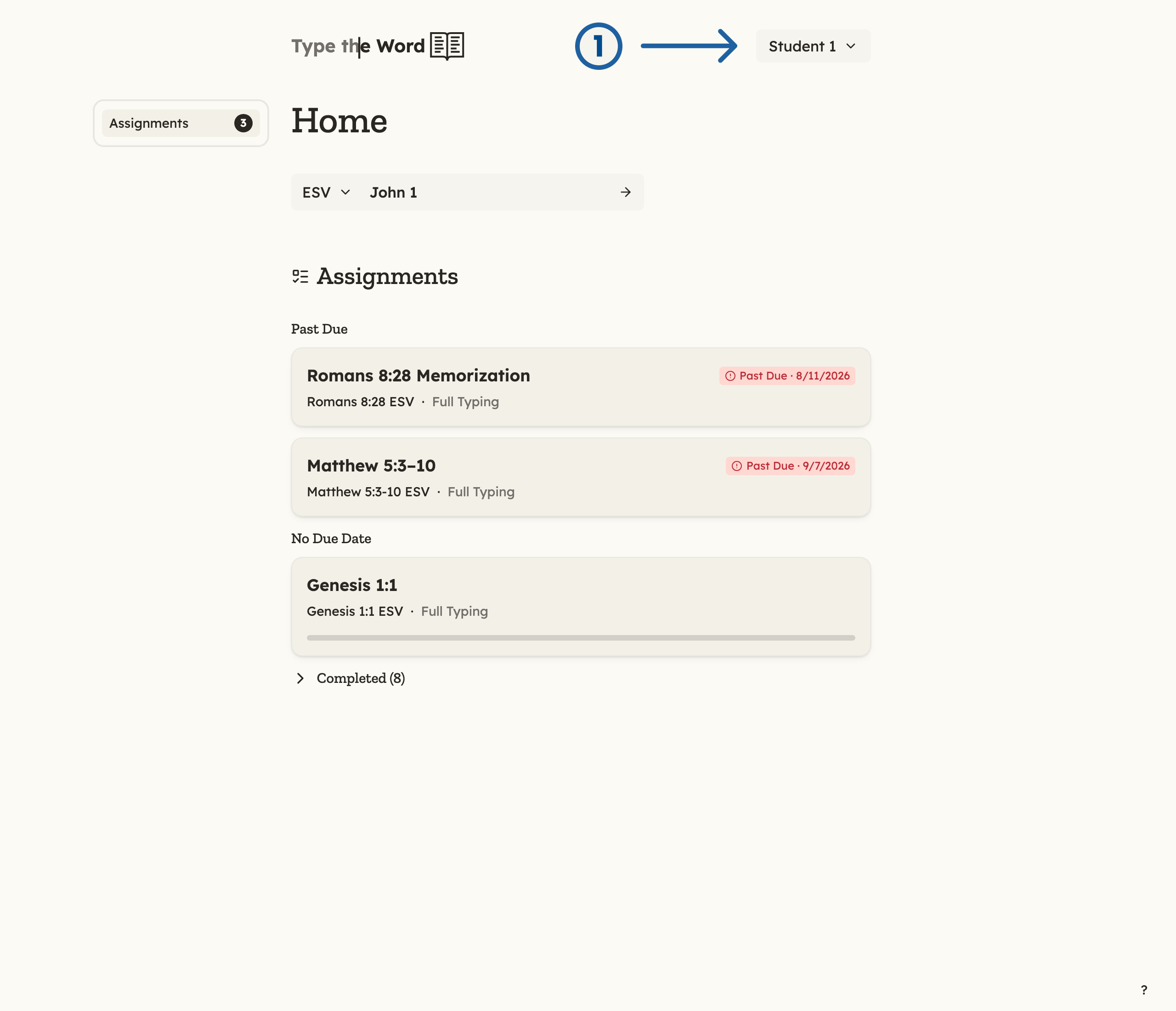 Student Home with a numbered arrow pointing at the Student 1 name button