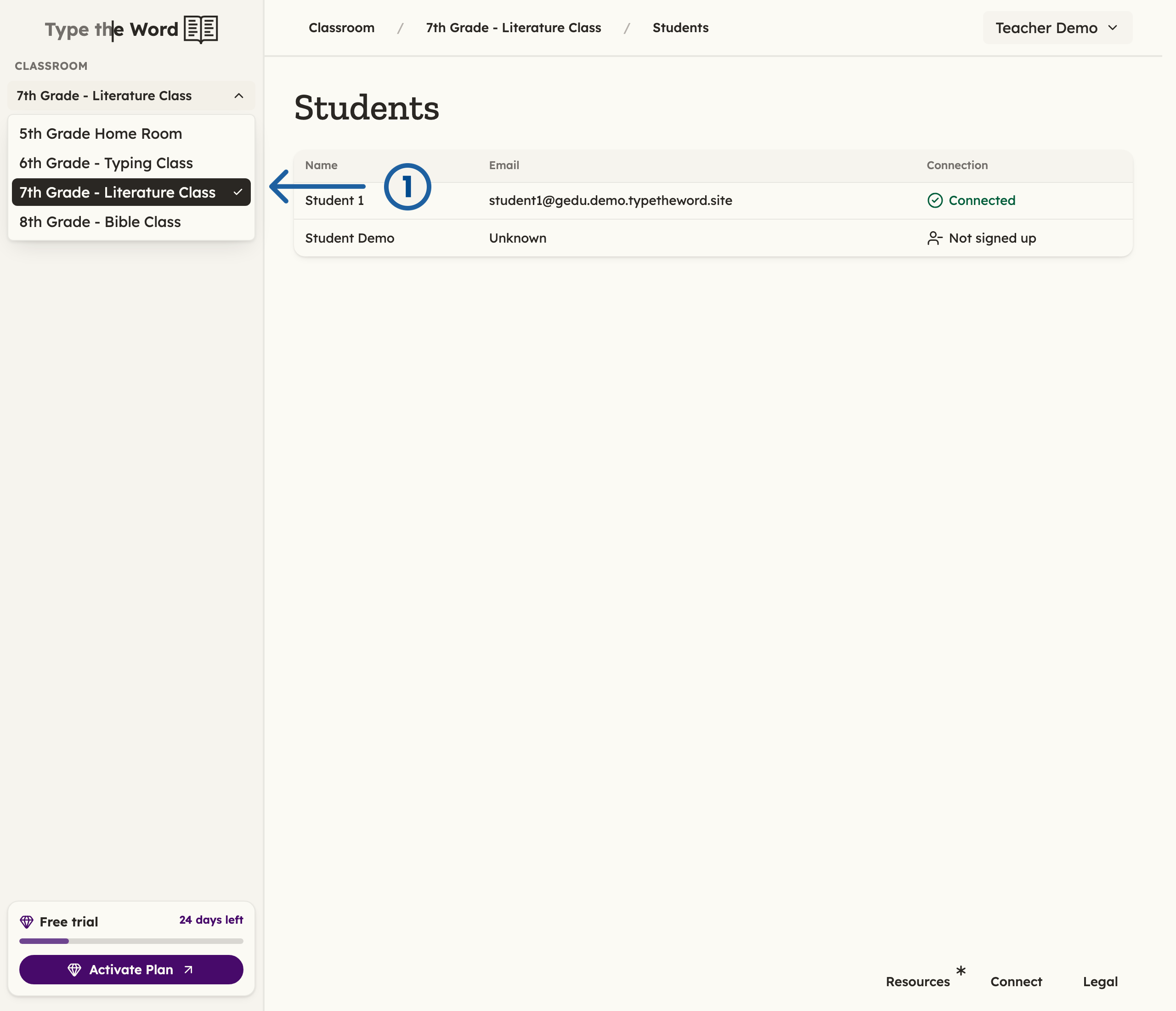 Classroom sidebar with the class dropdown open and a numbered arrow pointing at 7th Grade - Literature Class